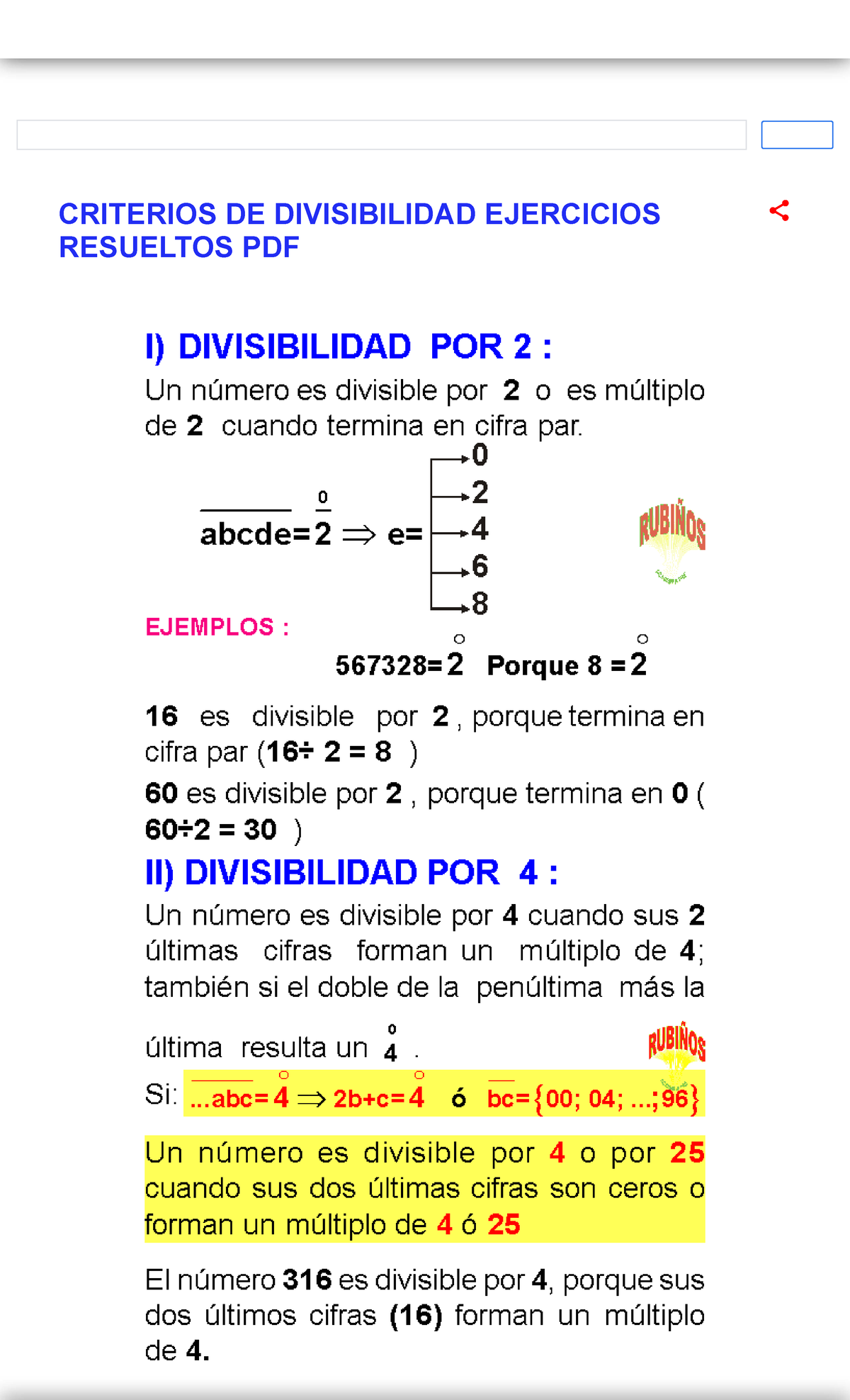 Criterios DE Divisibilidad Ejercicios Resueltos PDF - Matematica ...