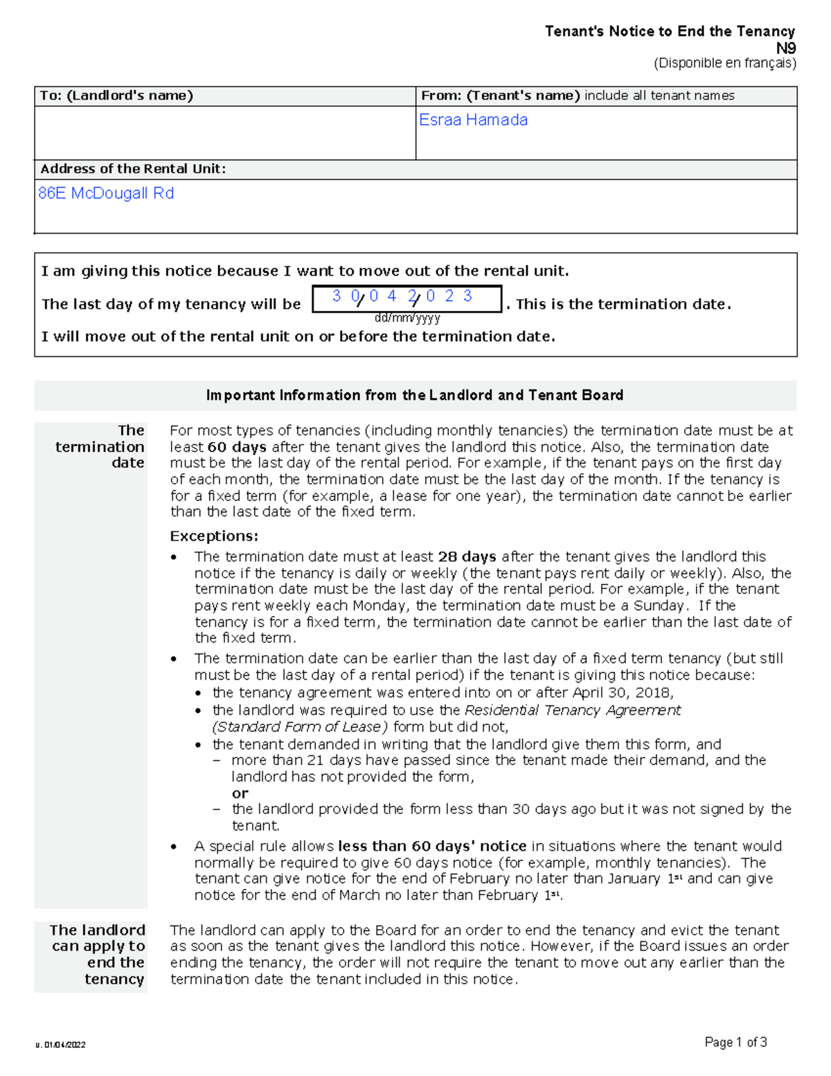 New - notes - Tenant's Notice to End the Tenancy N (Disponible en ...