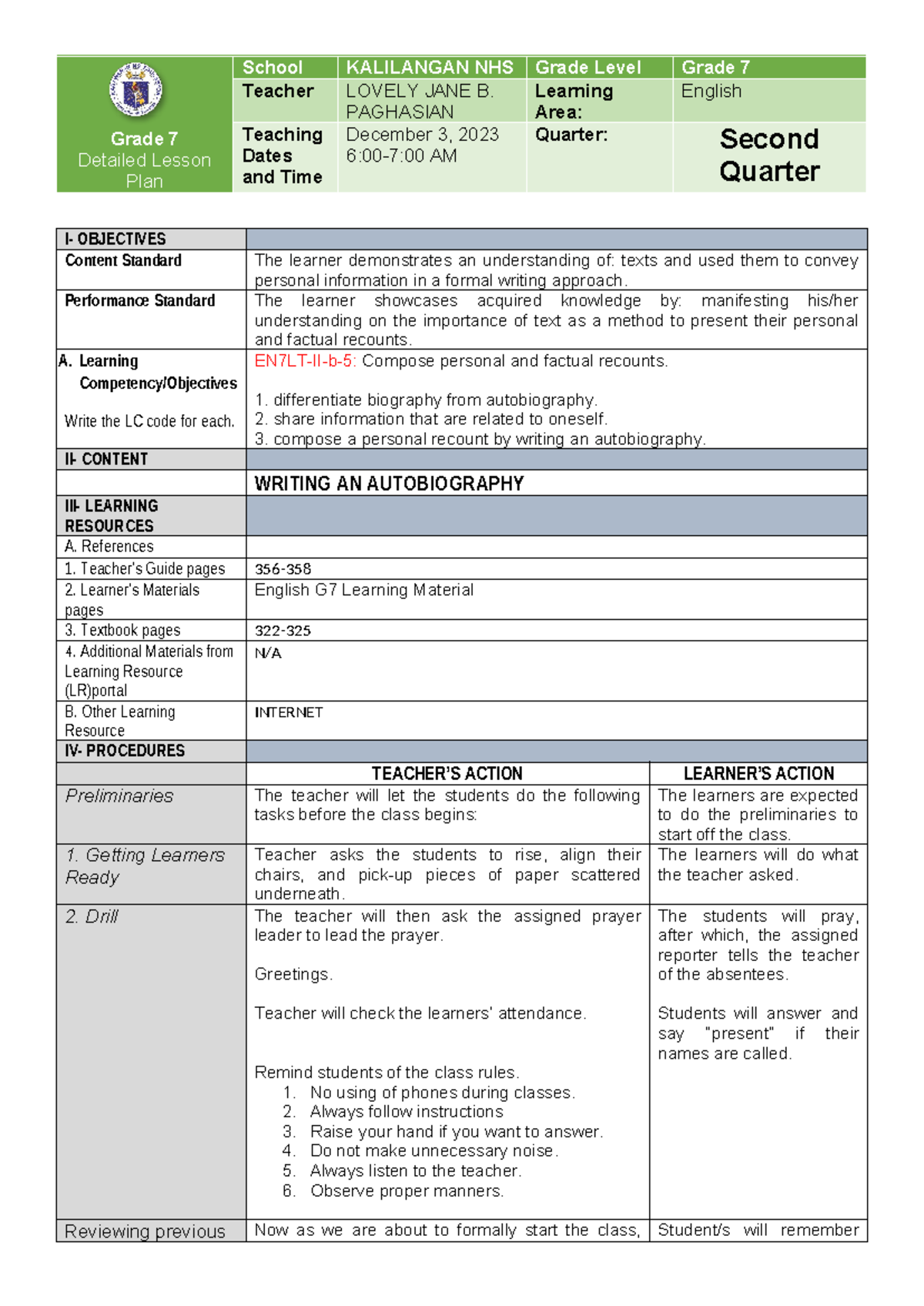 COT 4TH Q - This is a lesson plan for classroom observation. - Grade 7 ...