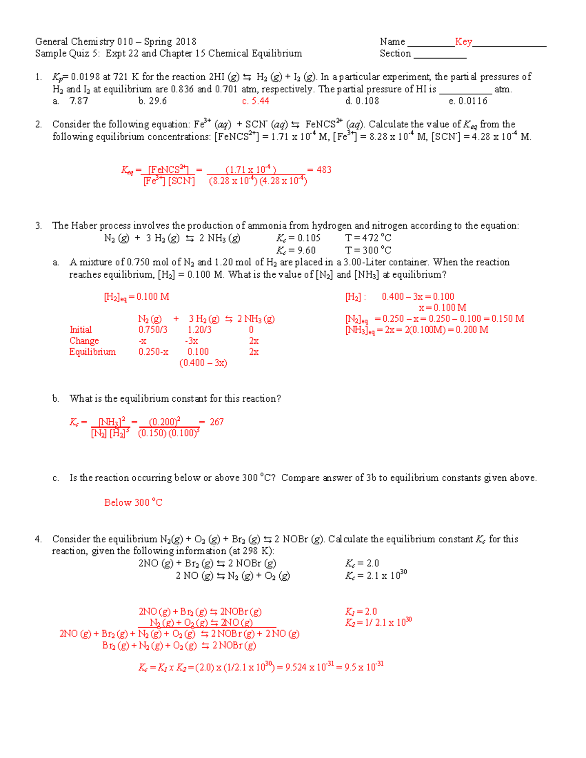 Sp18 Sample Quiz 5 Chemical Equilibrium Key Studocu