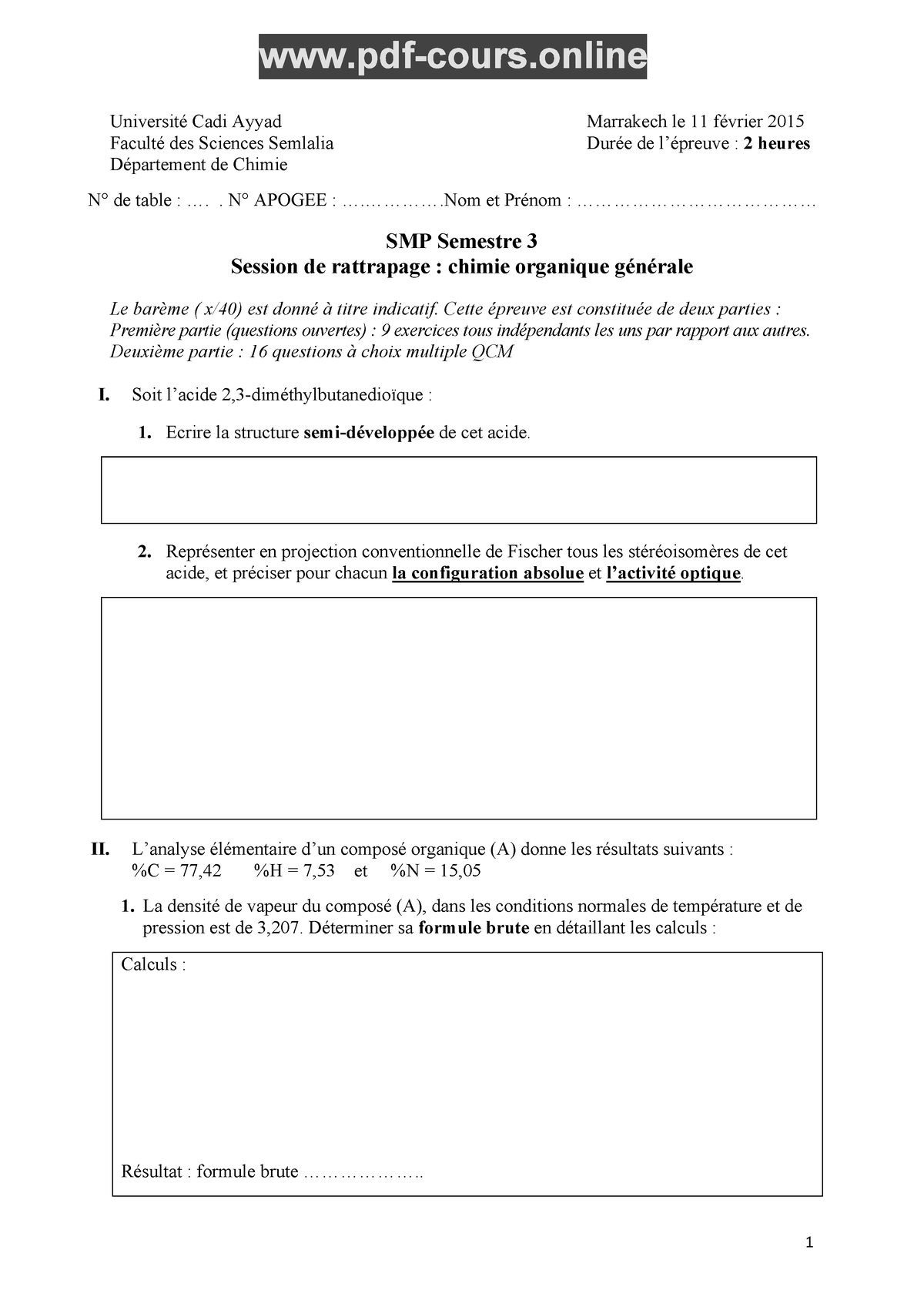 3 Éxamen De Chimie Organique-SMP-s3 - Université Cadi Ayyad Marrakech ...