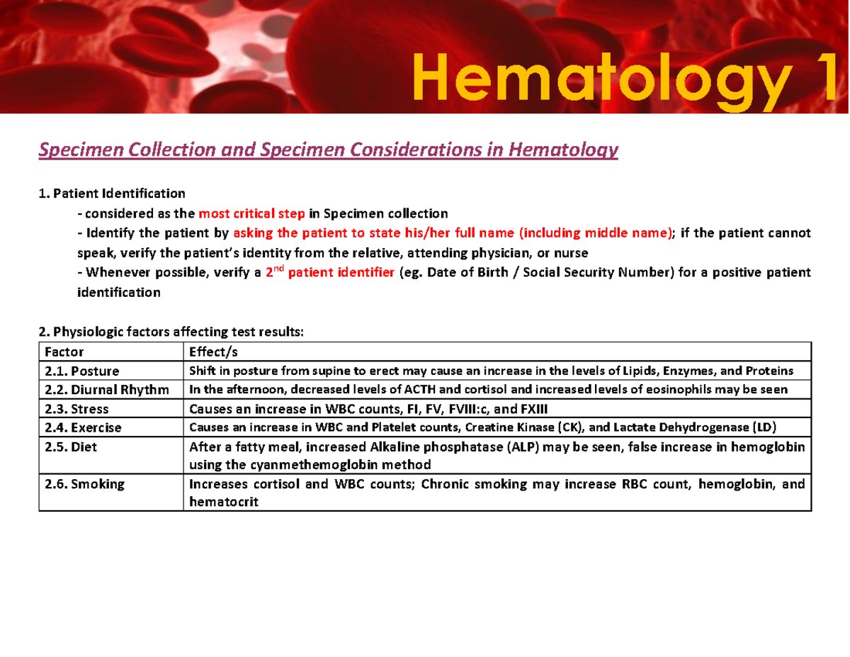M1 [Lesson 2] Specimen Considerations on Hematology Specimen
