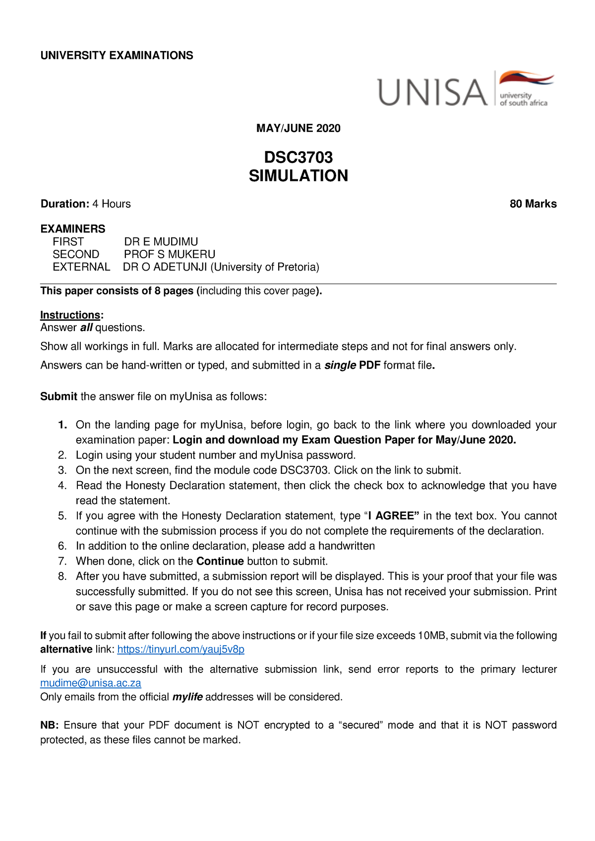 DSC3703 - UNIVERSITY EXAMINATIONS MAY/JUNE 2020 DSC SIMULATION Duration ...