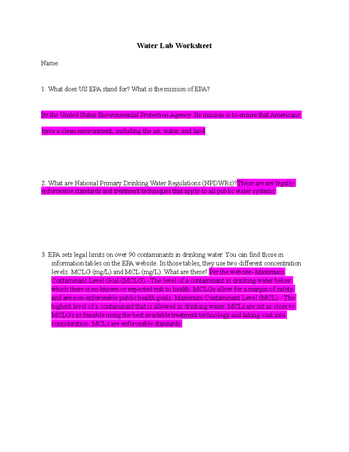 Water Lab Worksheet bio Water Lab Worksheet Name 1. What does US