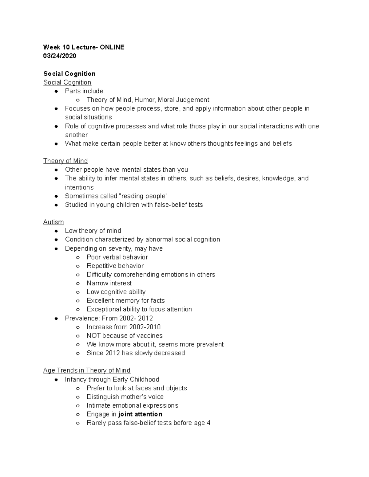 Week 10 Lecture - week 10 notes - Week 10 Lecture- ONLINE 03/24/ Social ...