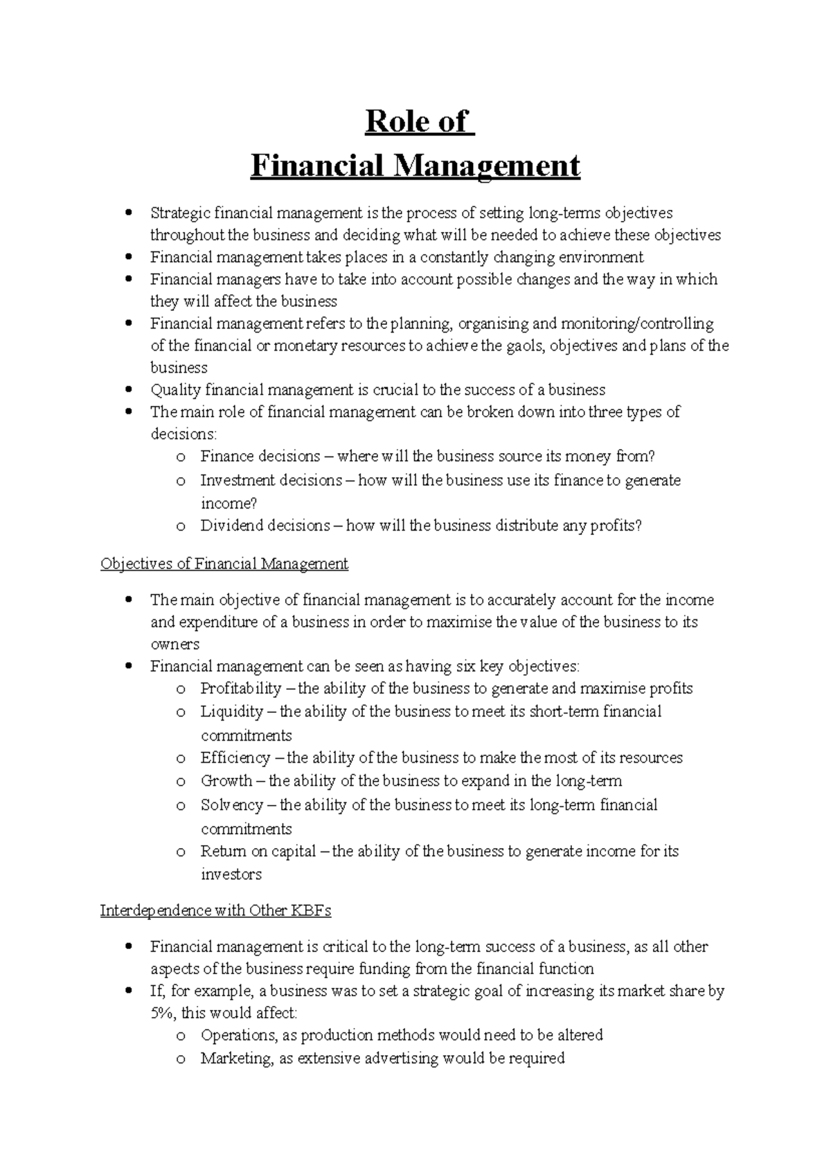 Business Studies Notes - Finance - Role of Financial Management ...