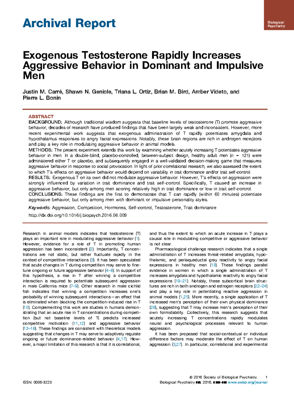 Artículo 1. Carré et al., 2016 - Archival Report Exogenous Testosterone ...