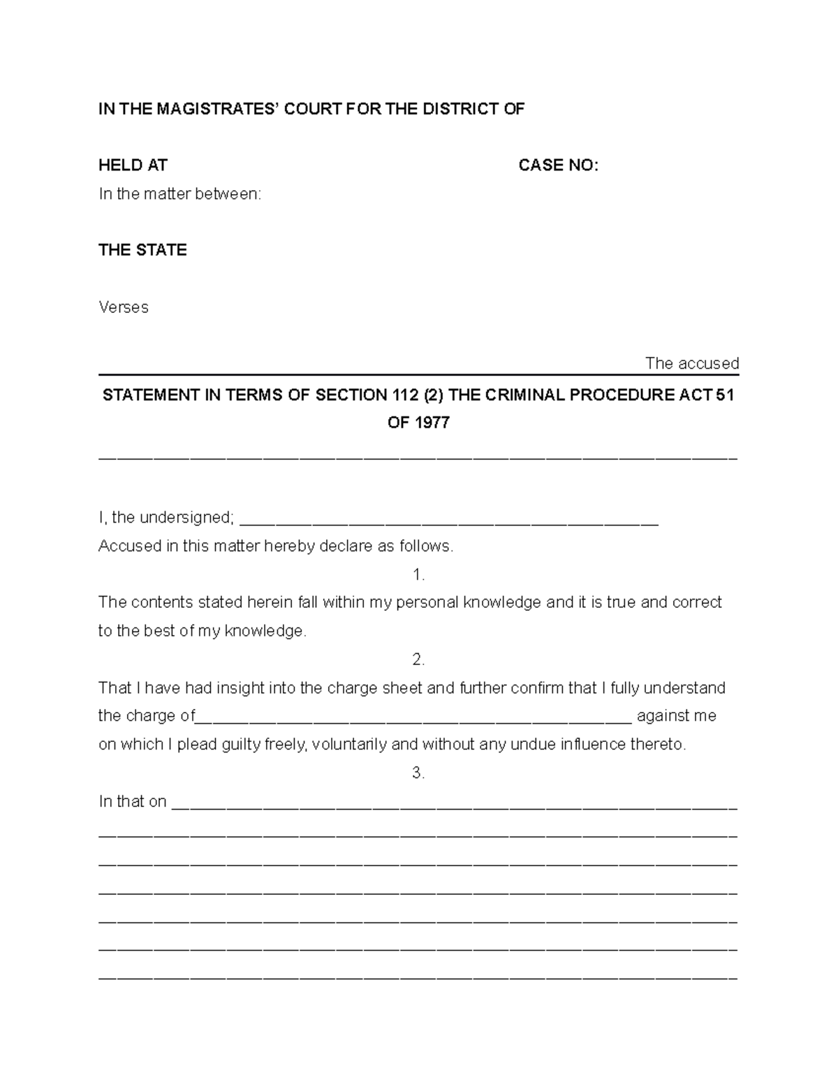 General plea section 112 statement template IN THE MAGISTRATES COURT