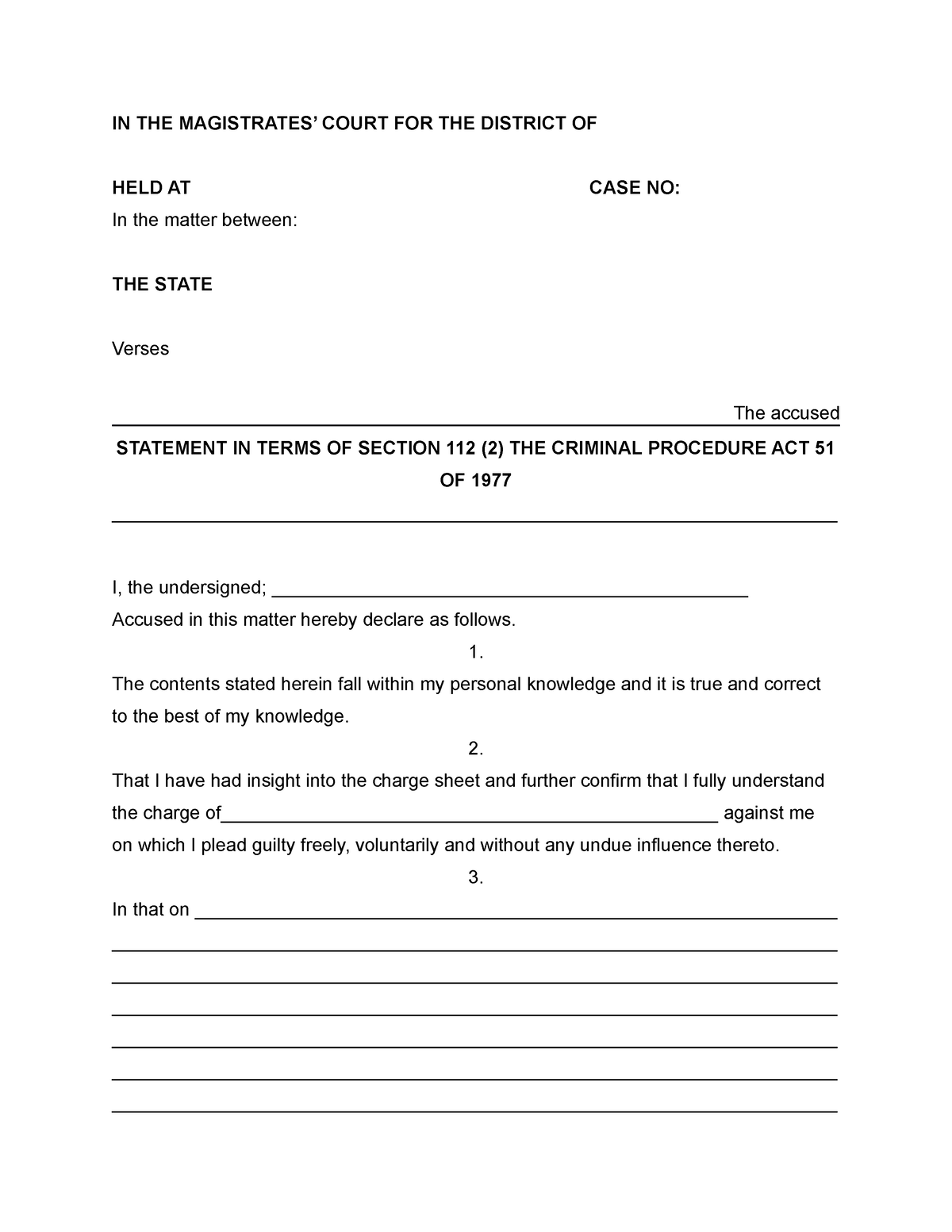 General Plea Section 112 Statement Template IN THE MAGISTRATES COURT 