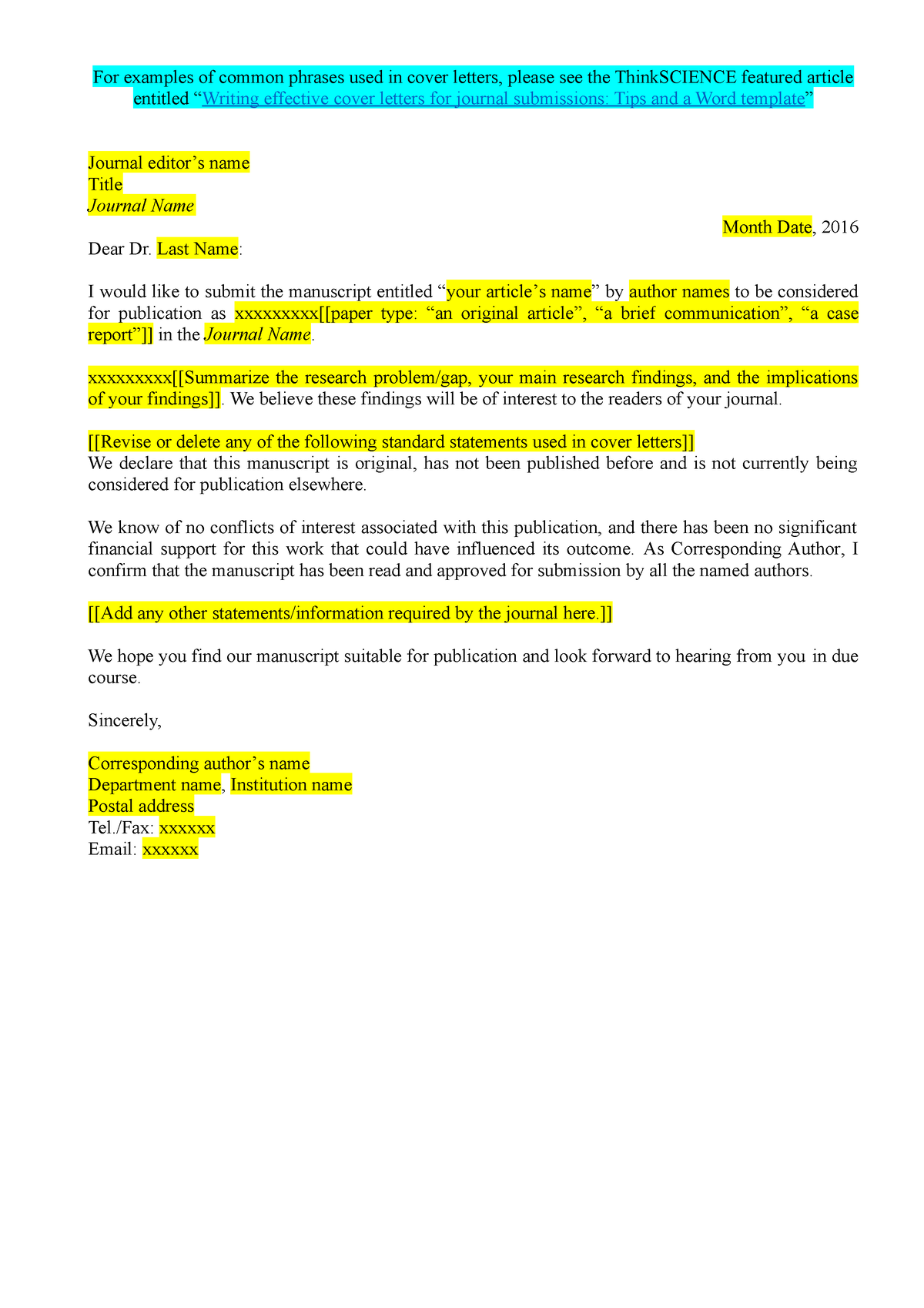 Journal Cover Letter Template-EN - For examples of common phrases used ...