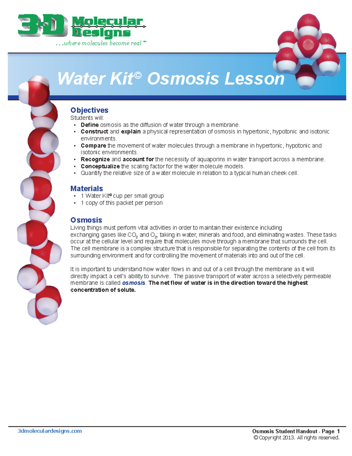 Osmosis LessonStudent Handout 1 3dmoleculardesigns Osmosis Student