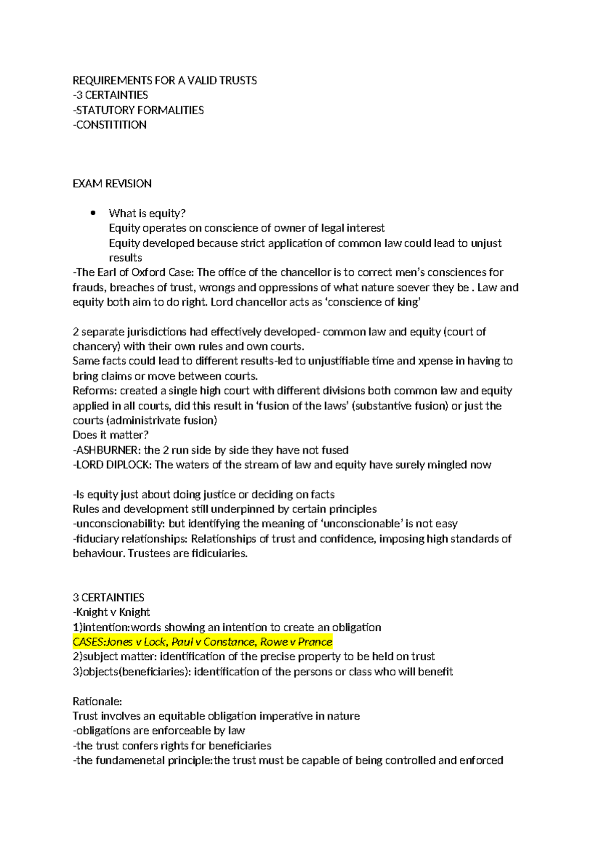 Trusts revision - REQUIREMENTS FOR A VALID TRUSTS -3 CERTAINTIES ...