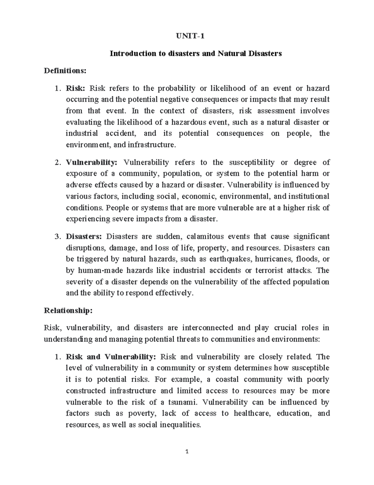 1 - Disaster Management - UNIT- Introduction to disasters and Natural ...