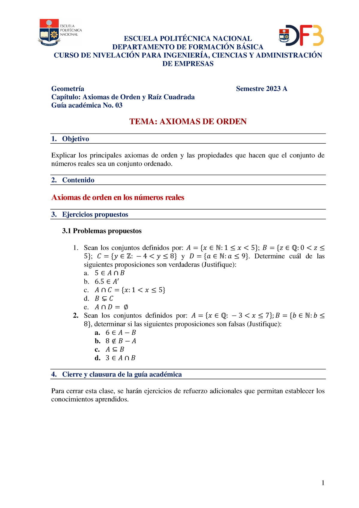 2.1 Axiomas De Orden H1 Ejercicios - 1 ESCUELA POLITÉCNICA NACIONAL ...