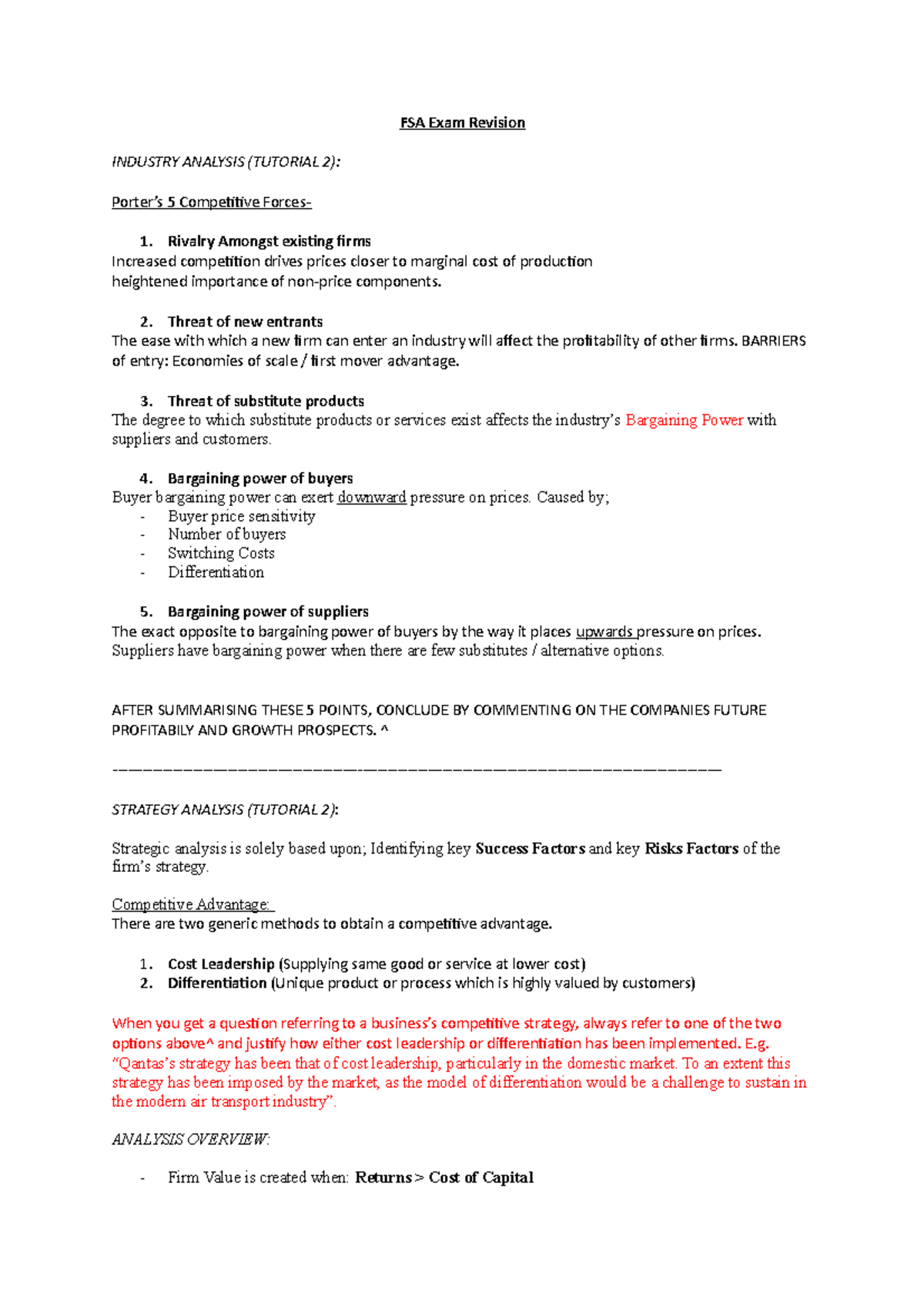 FSA Exam Revision - FSA Exam Revision INDUSTRY ANALYSIS (TUTORIAL 2 ...