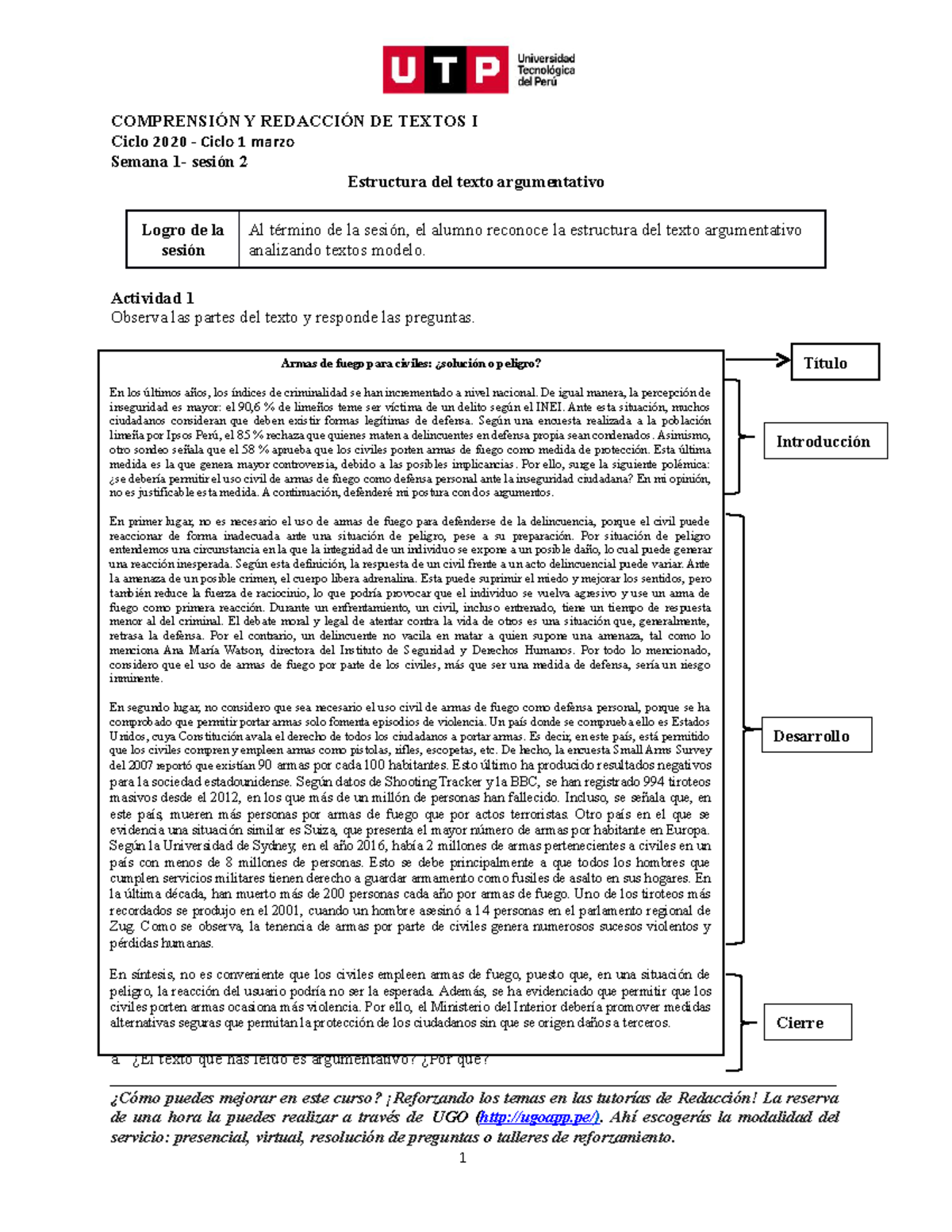 Estructura Del Texto Argumentativo ComprensiÓn Y RedacciÓn De Textos I Ciclo 2020 Ciclo 1 0794