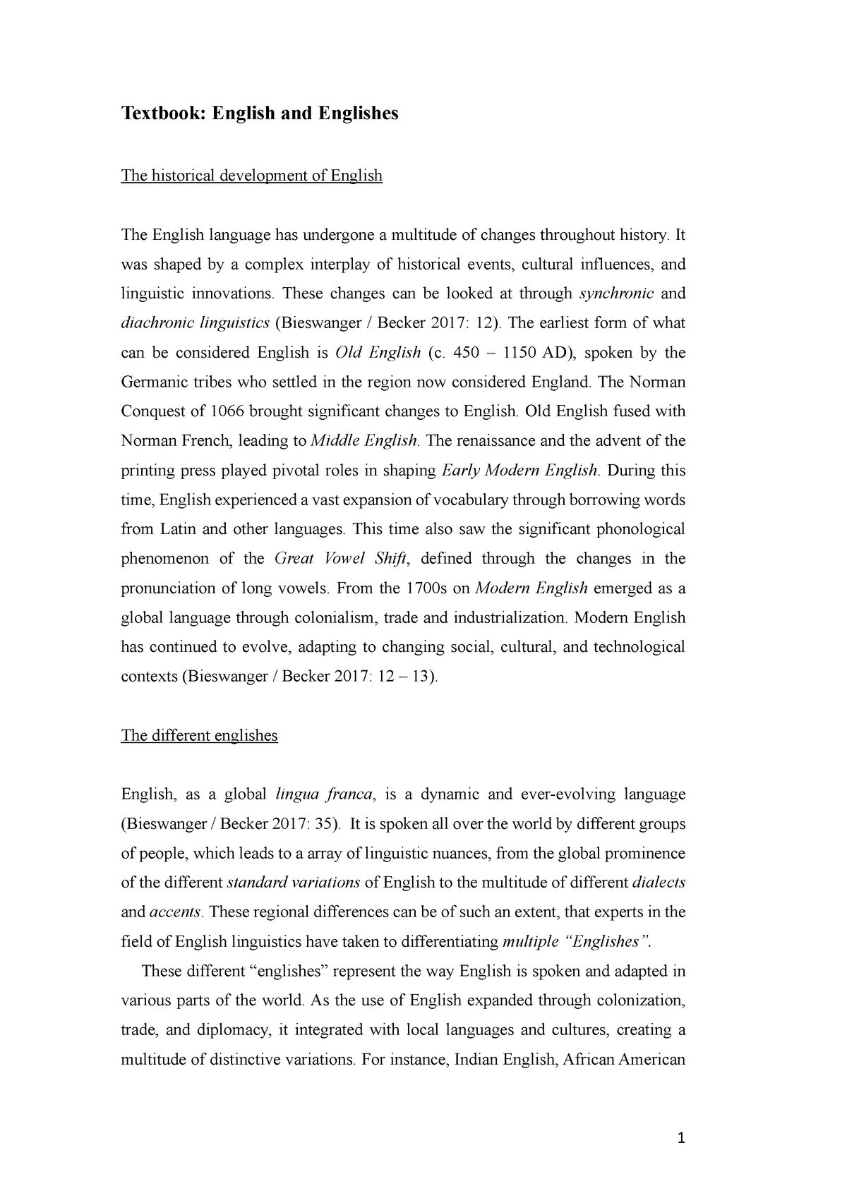 Textbook Chapter 1 - Textbook: English And Englishes The Historical ...