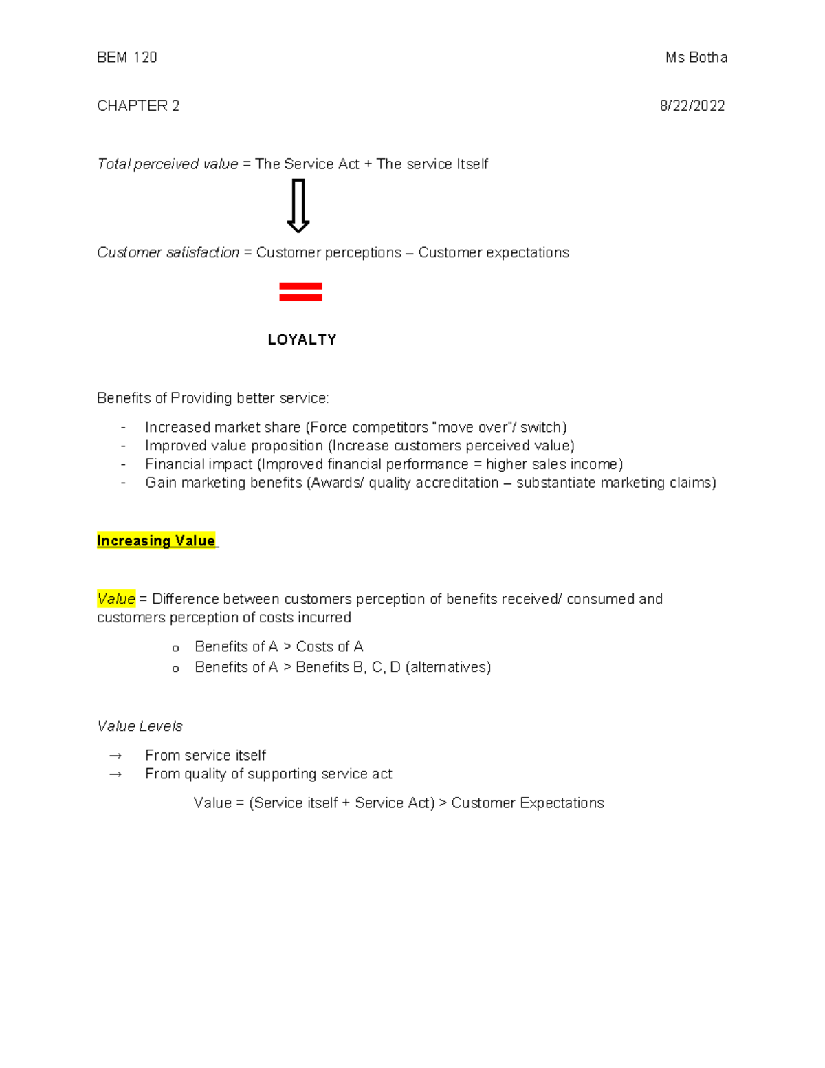 BEM Ch2 notes - CHAPTER 2 8/22/ Total perceived value = The Service Act ...
