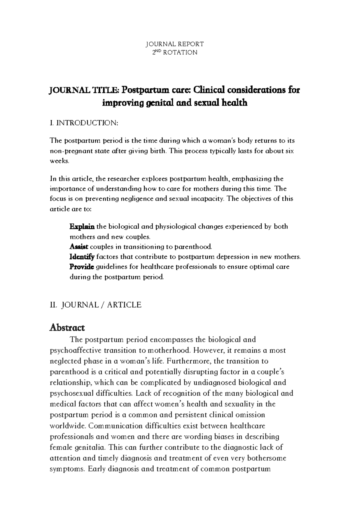Journal Report - JOURNAL REPORT 2 ND ROTATION JOURNAL TITLE: Postpartum ...