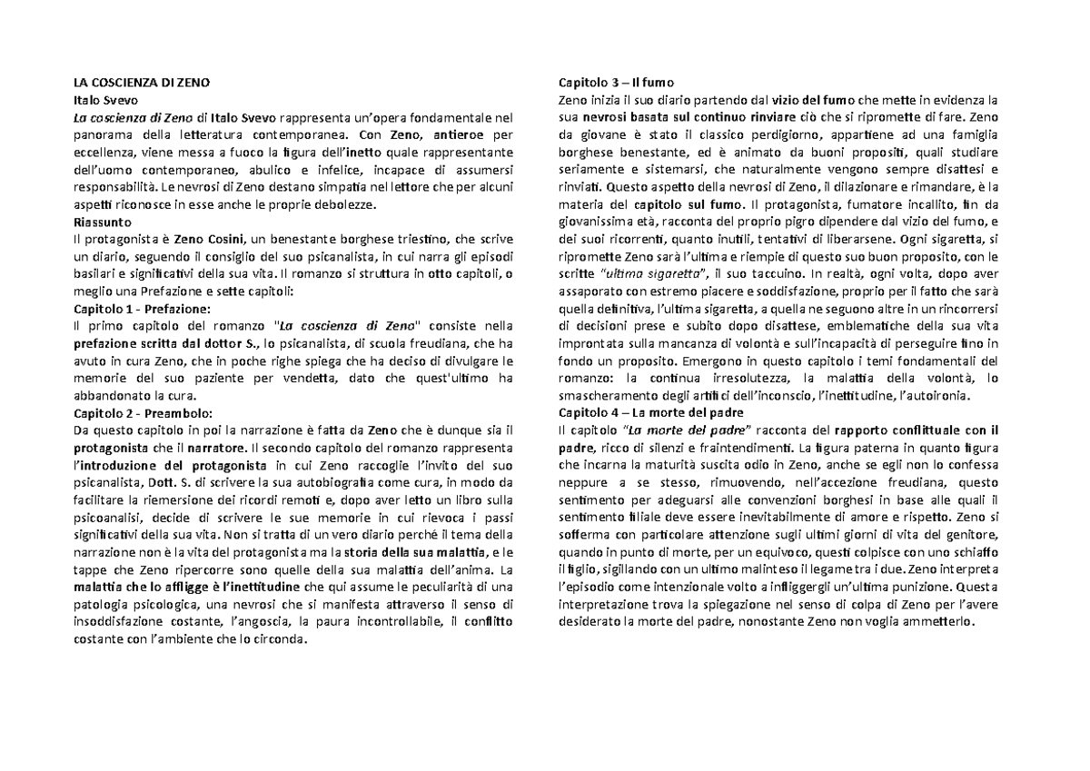 Riassunti - Svevo e Verga - LA COSCIENZA DI ZENO Italo Svevo La