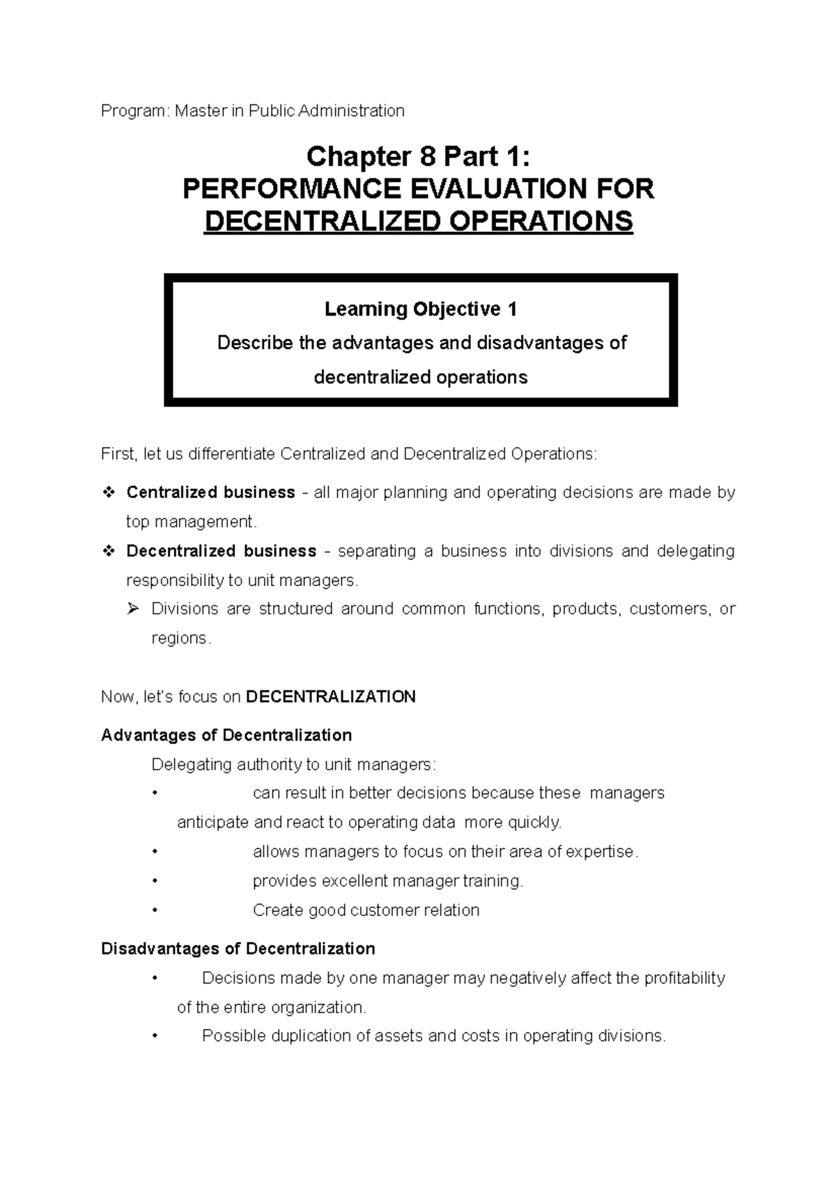 Chapter 8 Part 1 Performance Evaluation for Decentralized Operations ...