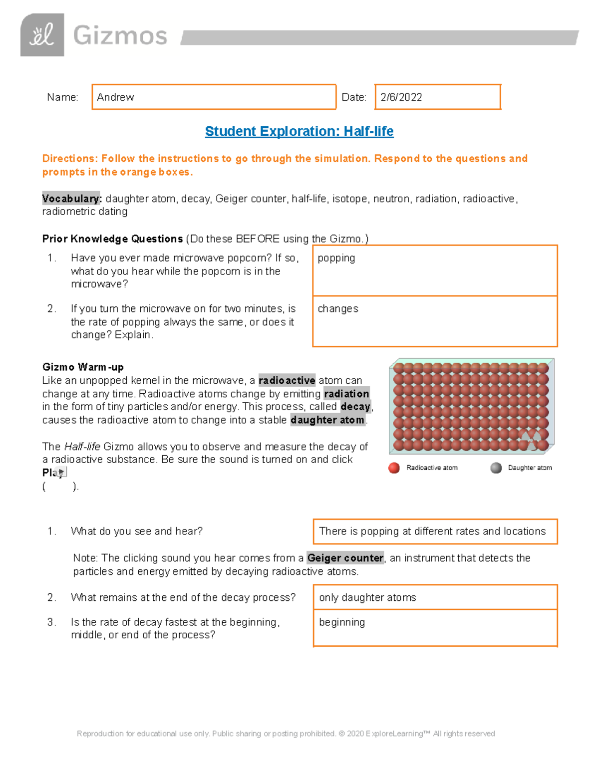 Copy of Half-life SE biology - Name: Andrew Date: 21/21/ Student Inside Half Life Worksheet Answers