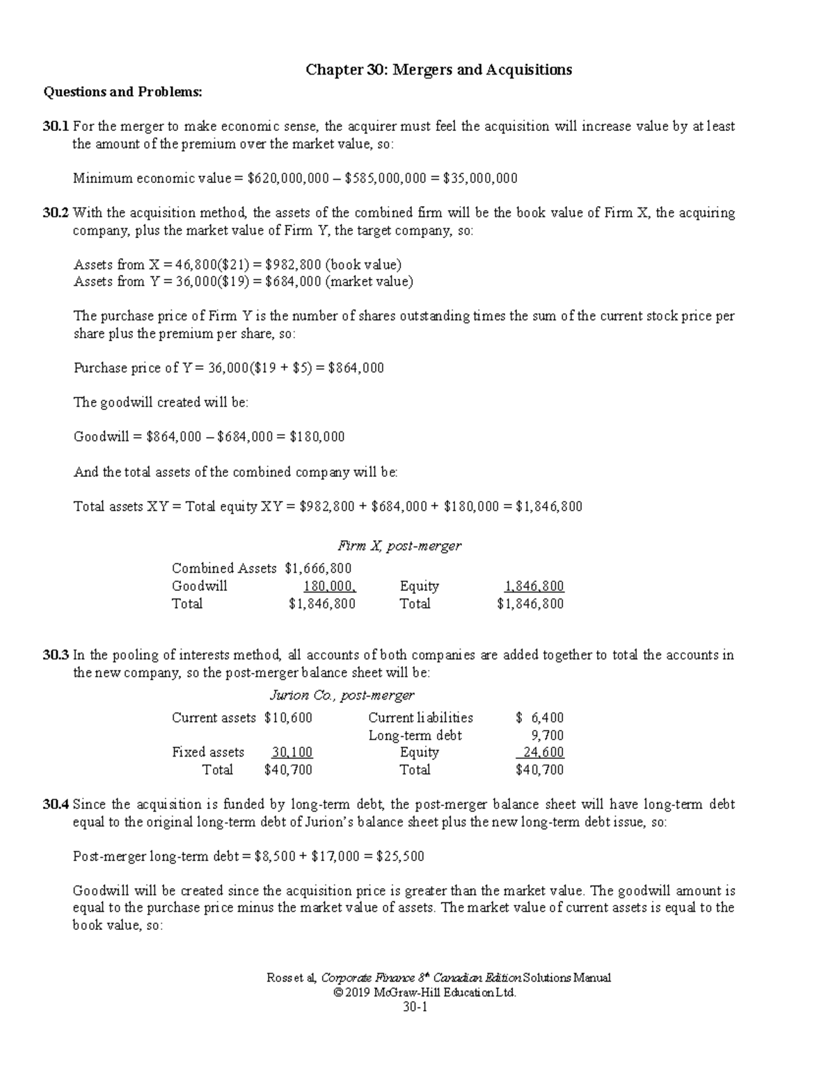 Ross CF 8ce SM Ch30 - solutions chapter 30 - Chapter 30: Mergers and ...
