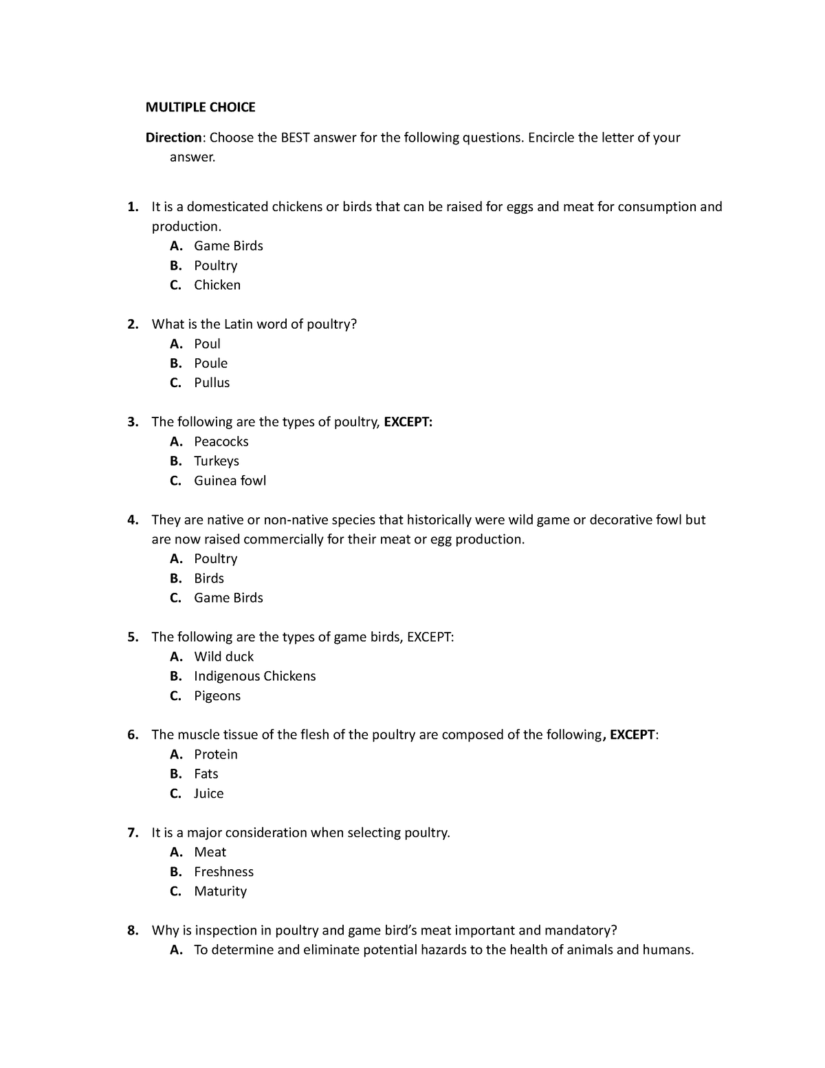 Understanding Poultry AND GAME Birds-Progella, Ailyn - MULTIPLE CHOICE ...