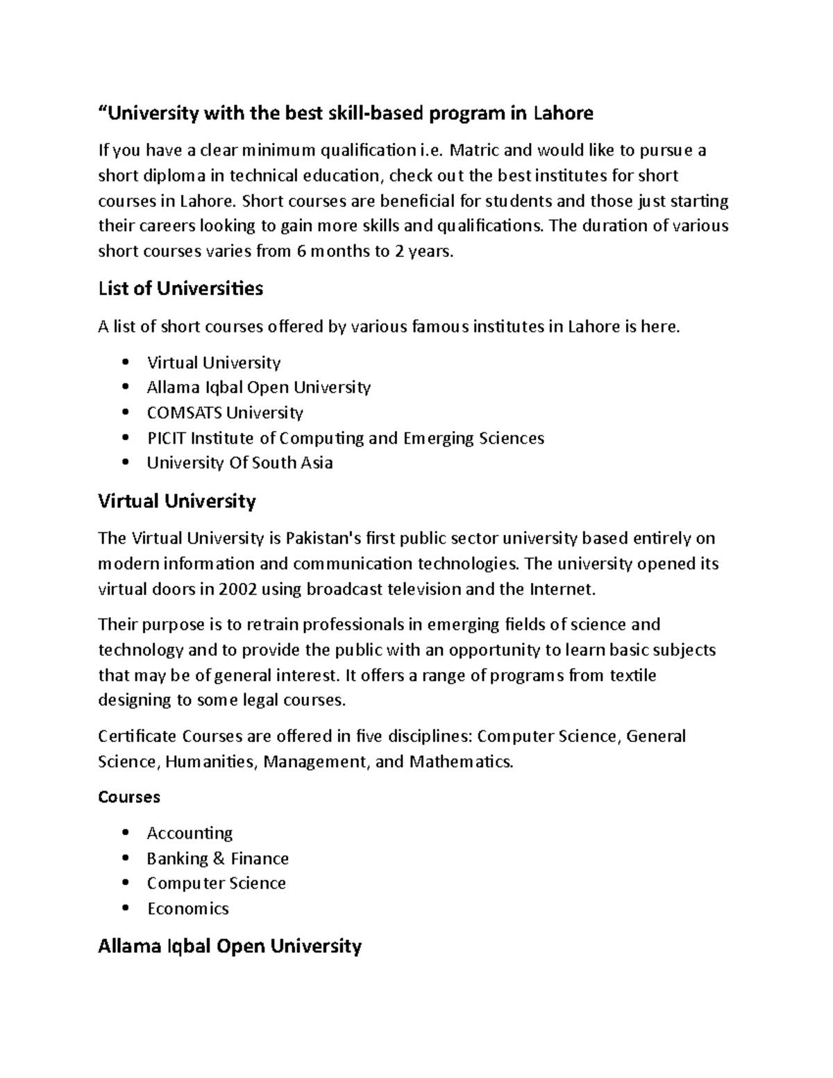 “University with the best skill-based program in Lahore - Matric and ...