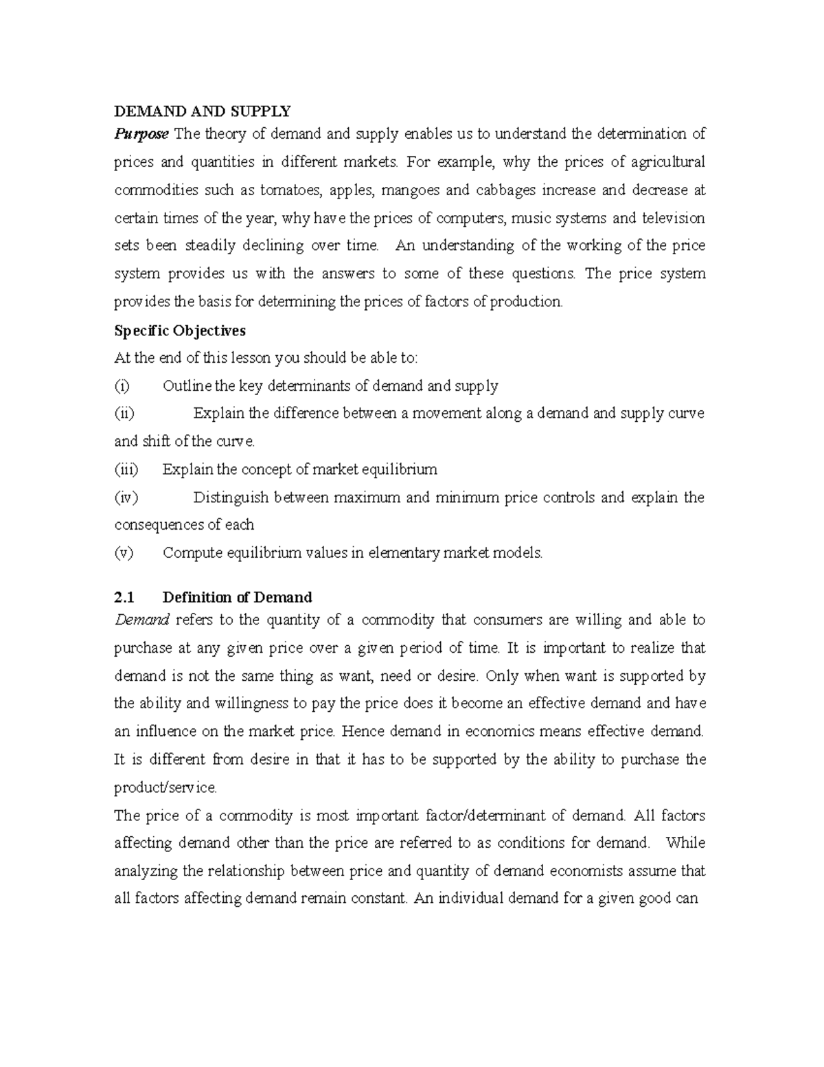 INTRODUCTION TO ECONOMICS - DEMAND AND SUPPLY Purpose The Theory Of ...