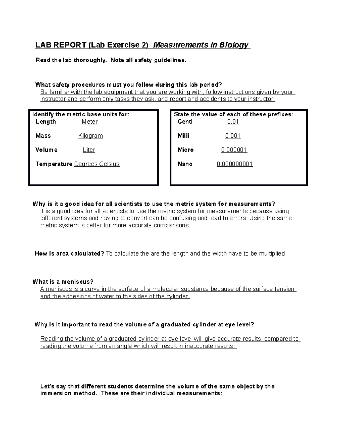 LAB Report 2 Measurements in Biology Done LAB REPORT (Lab Exercise 2