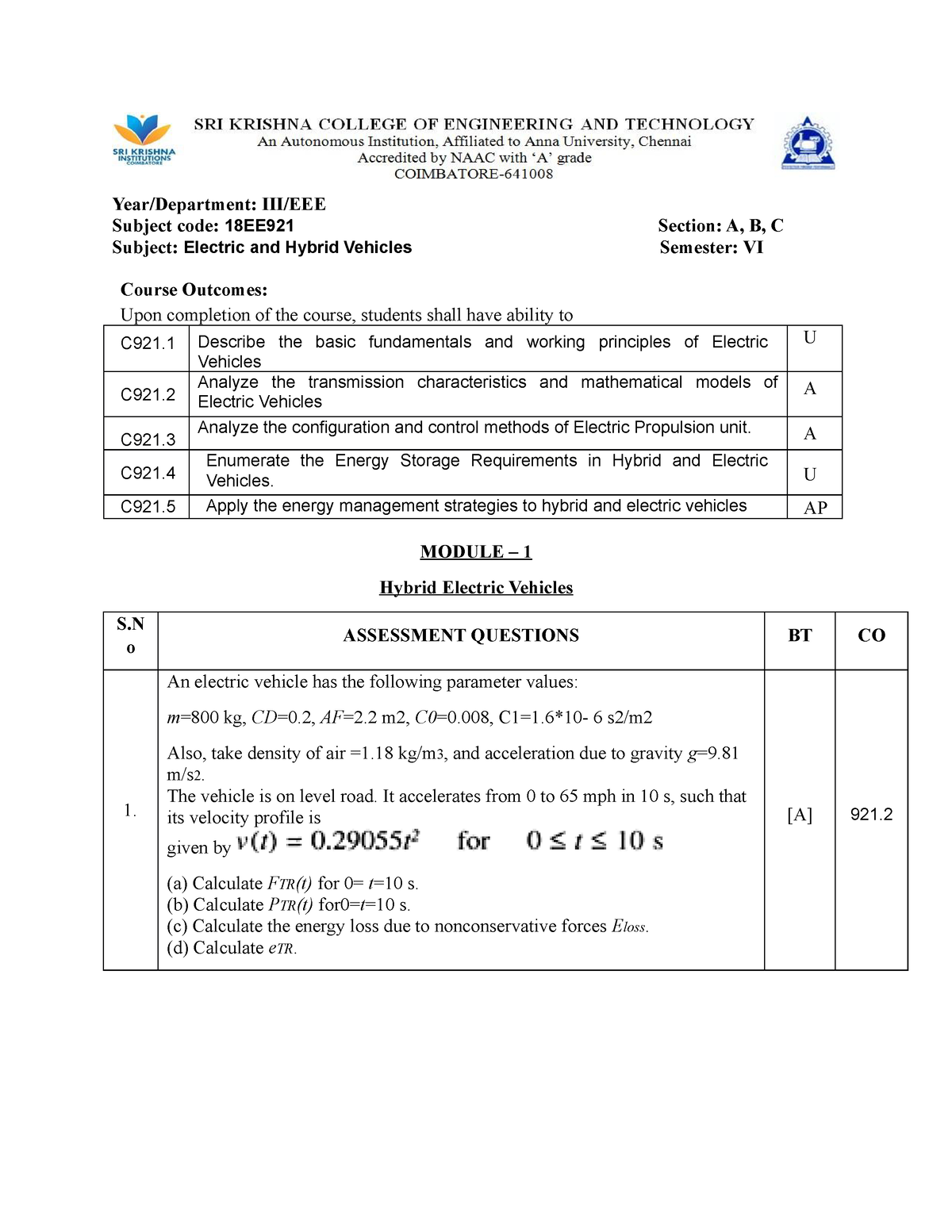 1.5 Assessment - Year/Department: III/EEE Subject code: 18EE921 Section ...