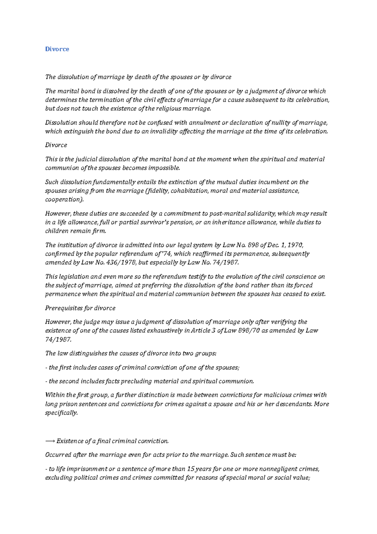 Divorce 7 - Summaries family law - Divorce The dissolution of marriage ...