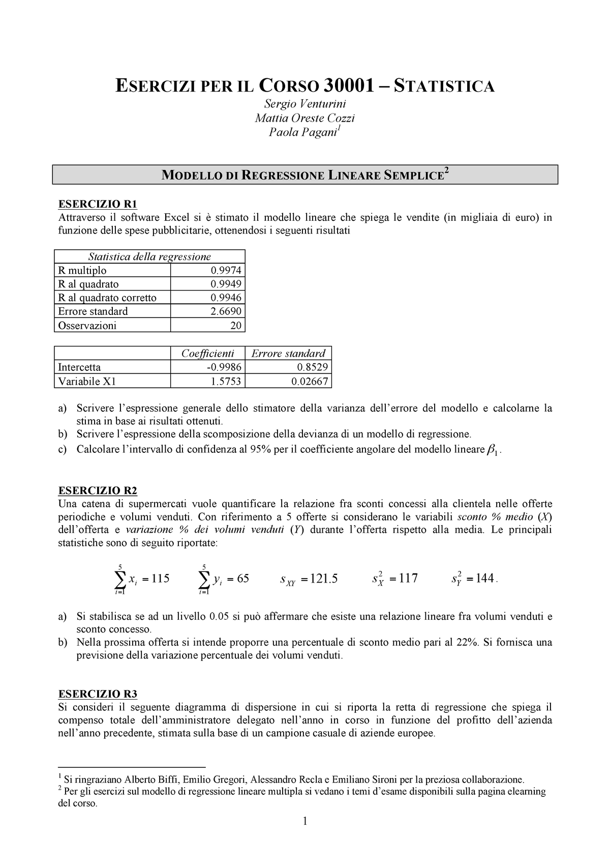 Esercizi Riepilogativi Sul Modello Di Regressione Lineare Semplice Aa 20152016 Esercizi 3775