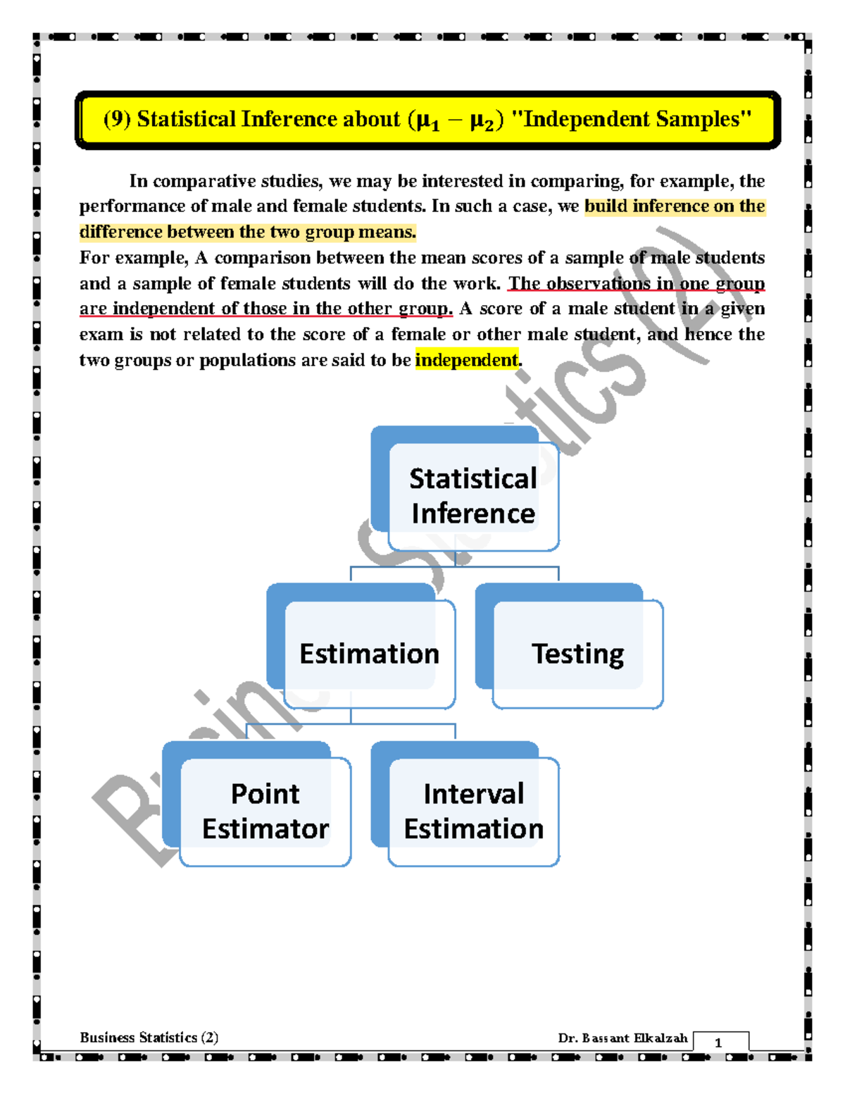 Lec 9 - STA241 - Bus. Stat. (2) - Statistical Inference about (μ 1-μ 2 ...