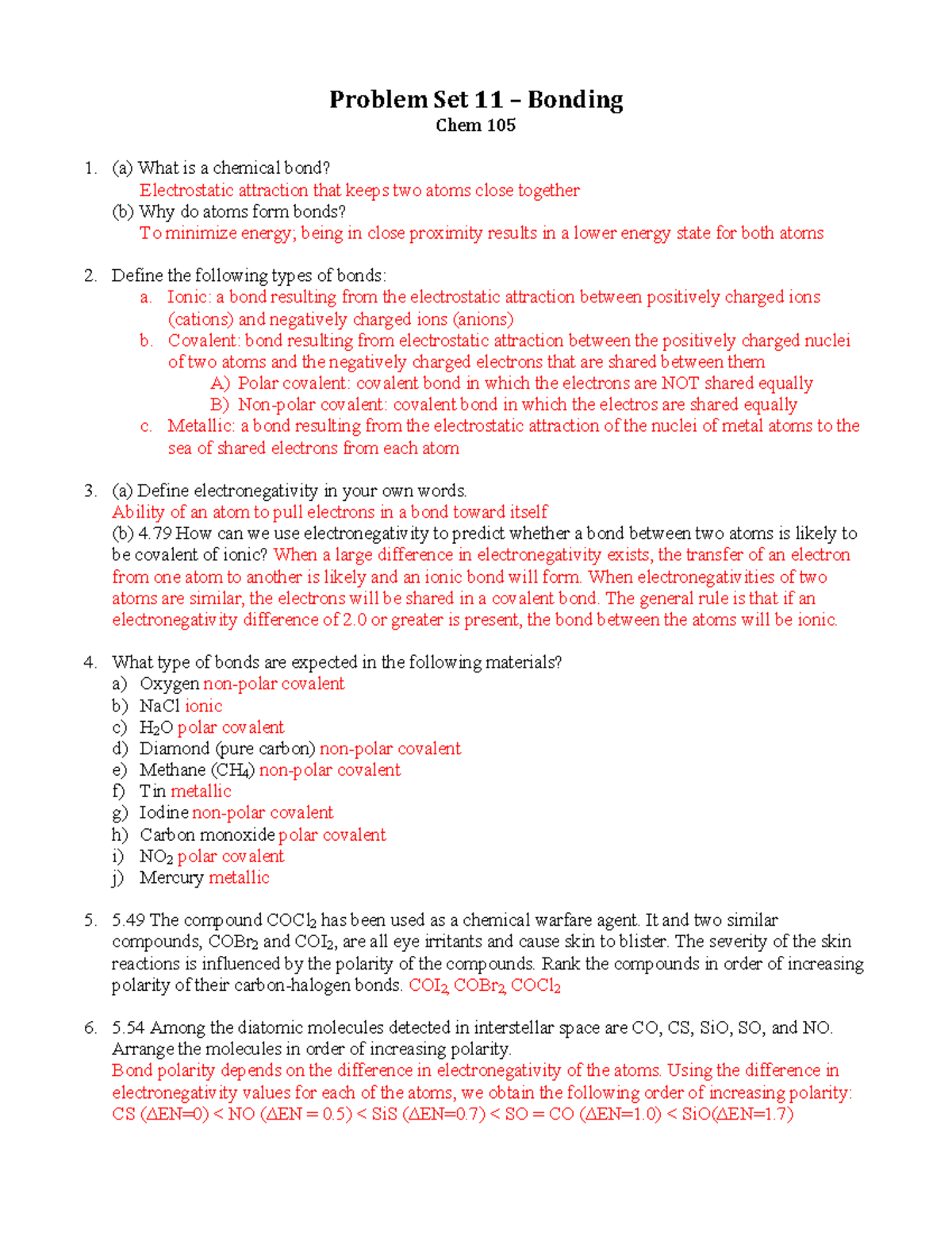 PS 20 Key 20 - Problem Set 20 Key - CHEM 20 - General College With Worksheet Polarity Of Bonds Answers