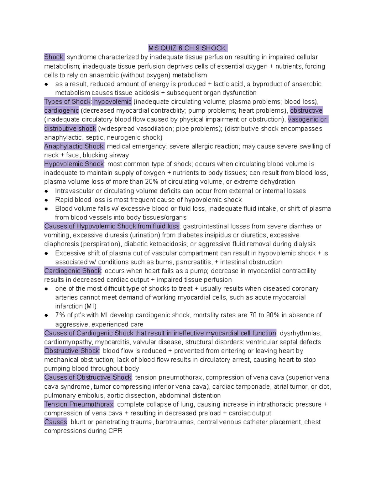 QUIZ 6 MS CH 9 Shock MS QUIZ 6 CH 9 SHOCK Shock syndrome