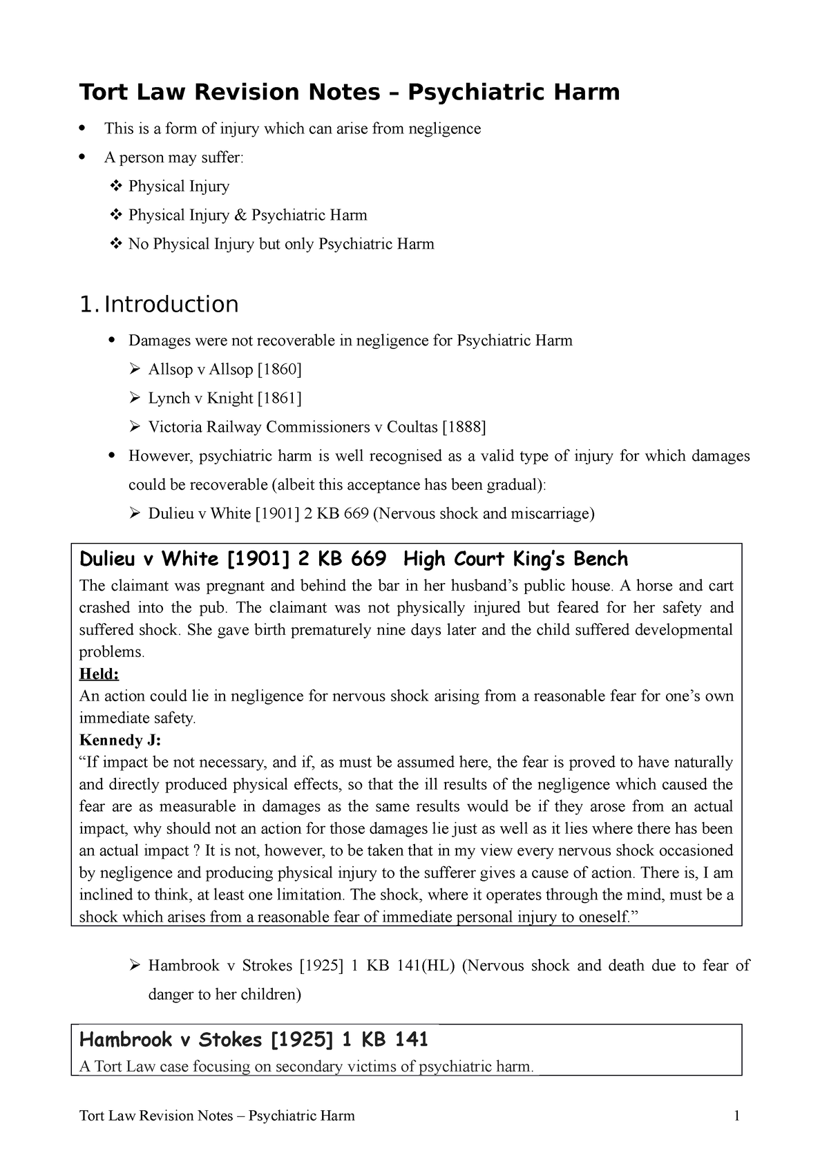 Psychiatric Harm Revision Notes - Tort Law Revision Notes – Psychiatric ...