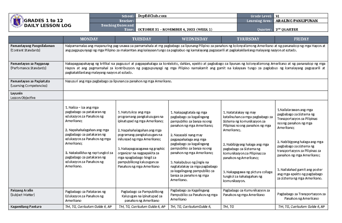 DLL Araling Panlipunan 6 Q2 W1 - GRADES 1 to 12 DAILY LESSON LOG School ...