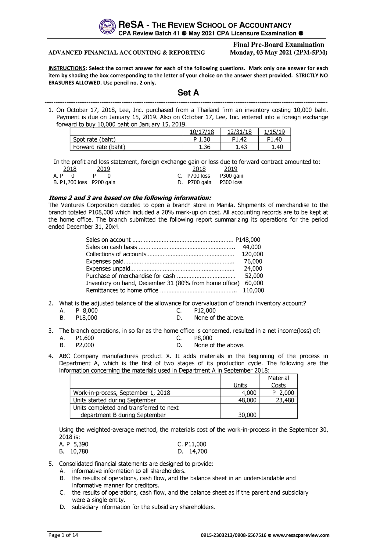 AFAR B41 Final Pre-Board Exams (Questions, Answers Solutions) - ReSA ...