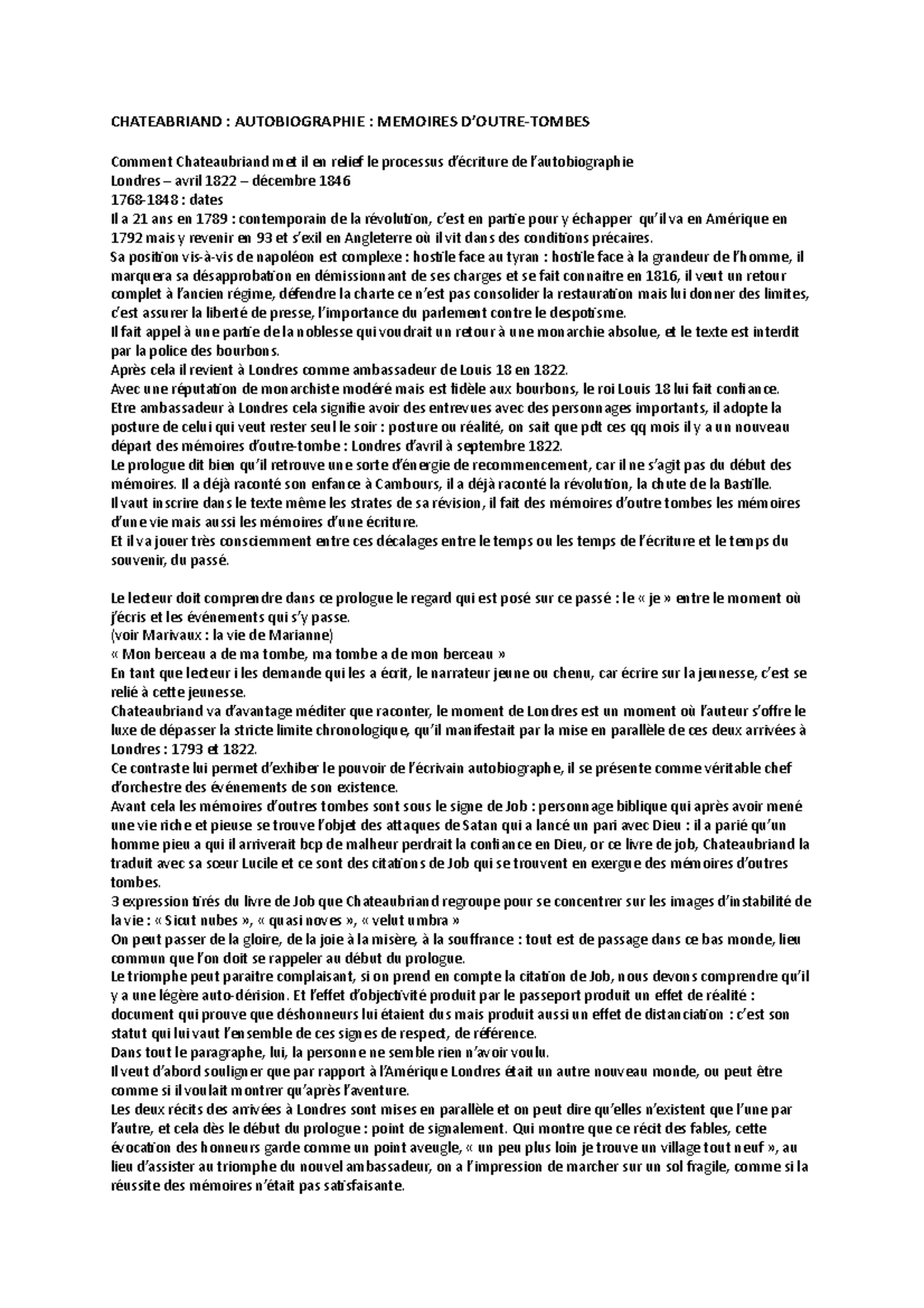 Mémoires D'outre Tombe Résumé Par Chapitre www.studocu.com