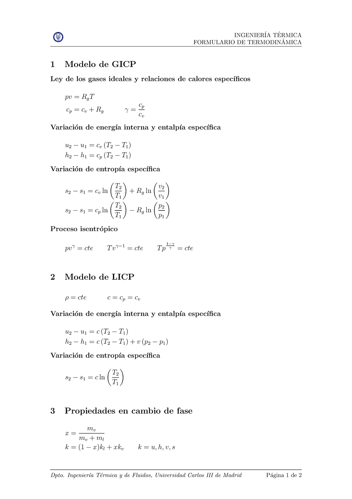 ESP-S0 - Formulario Termo - INGENIER ́IA T ́ERMICA FORMULARIO DE ...