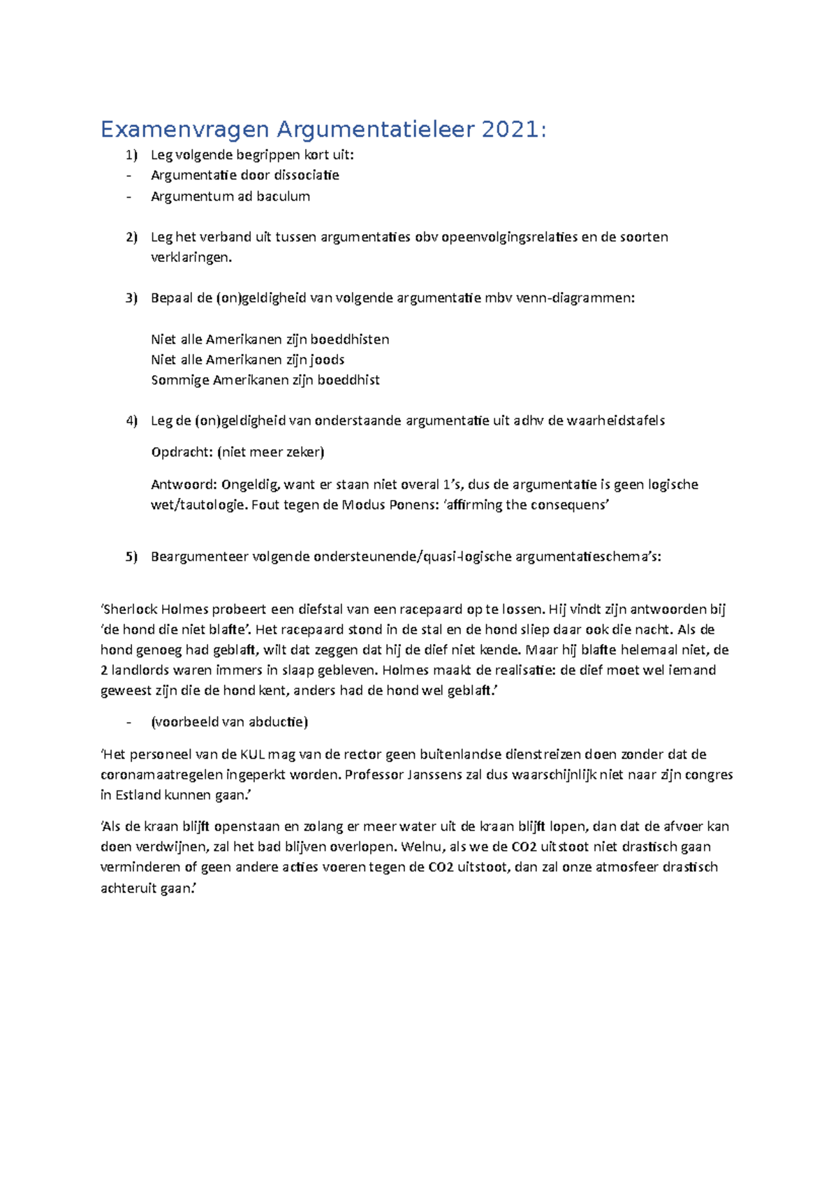 Argumentatieleer Examenvragen 2021 - Examenvragen Argumentatieleer 2021 ...