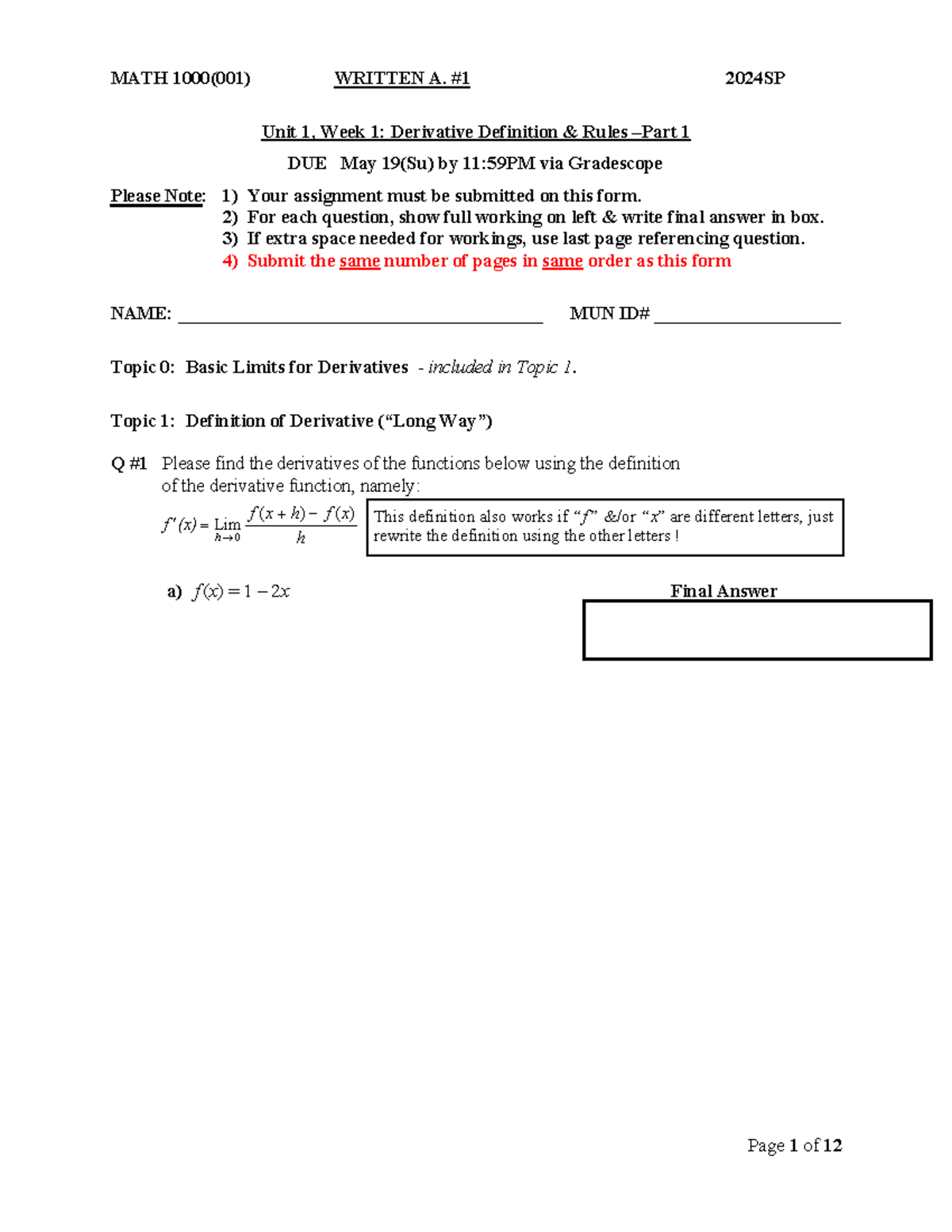 A1 Written Derivatives I May07(Tu) out May 19(Su) due - MATH 1000(0 0 1 ...