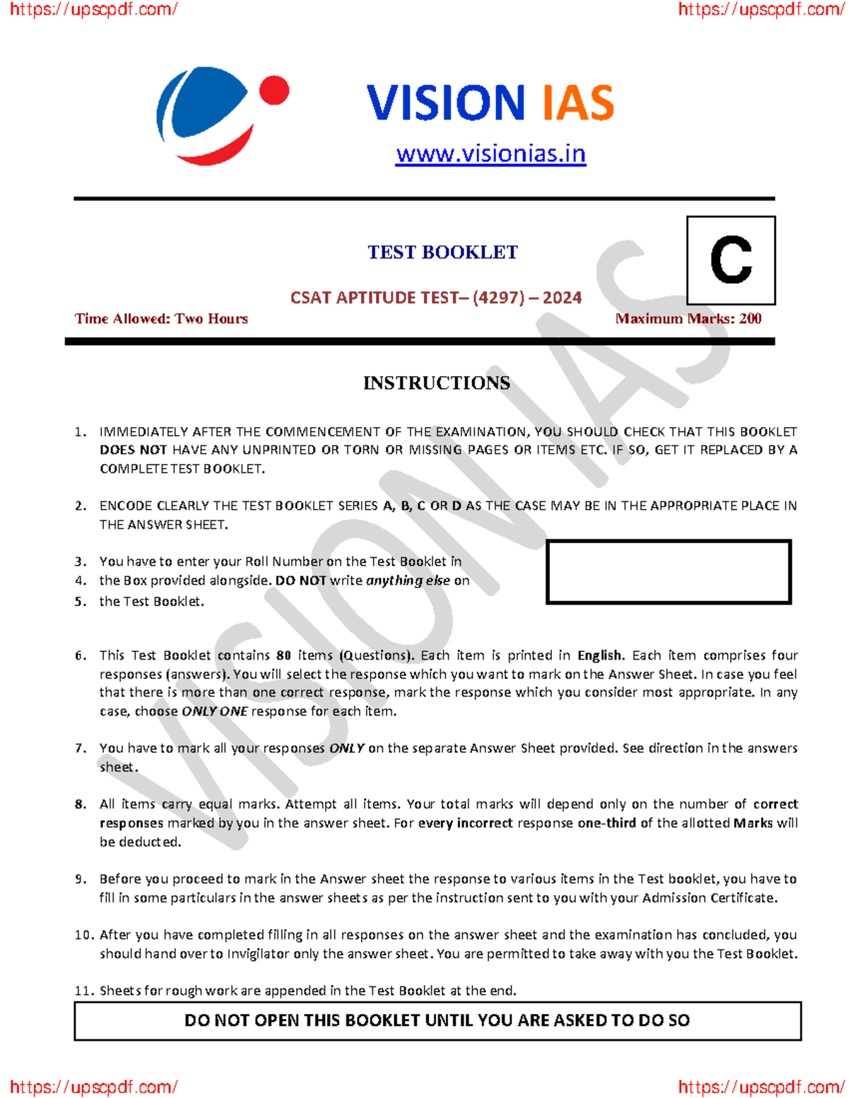 Vision IAS Prelims 2024 CSAT Test 15 With Solution - 1 VISION IAS ...