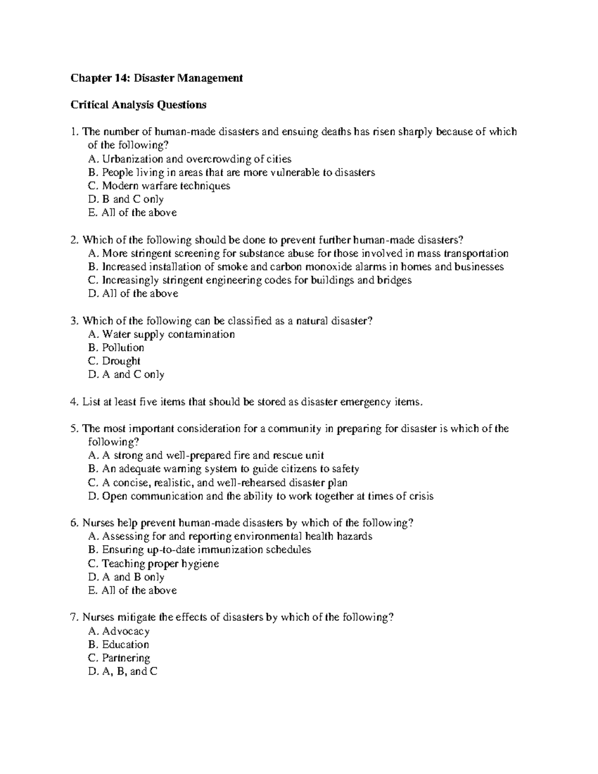 Disaster Managment questions - Chapter 14: Disaster Management Critical ...