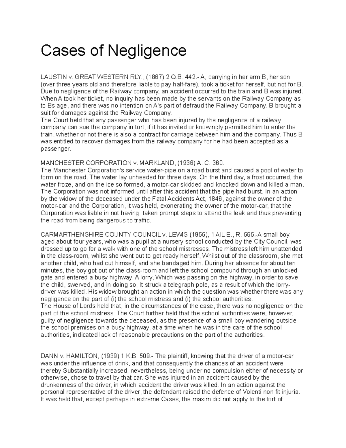 Cases on Negligence notes Cases of Negligence LAUSTIN v. GREAT