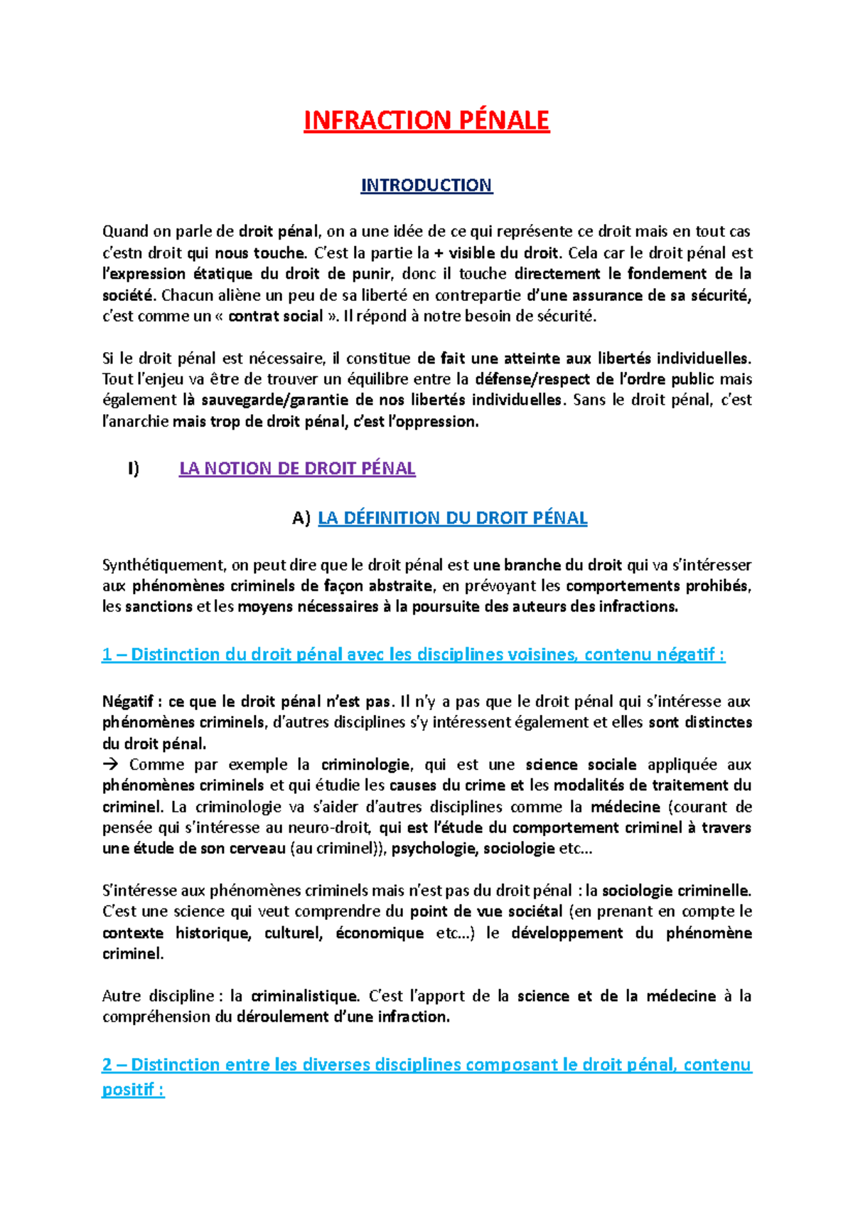Infraction pénale - INFRACTION PÉNALE INTRODUCTION Quand on parle de ...