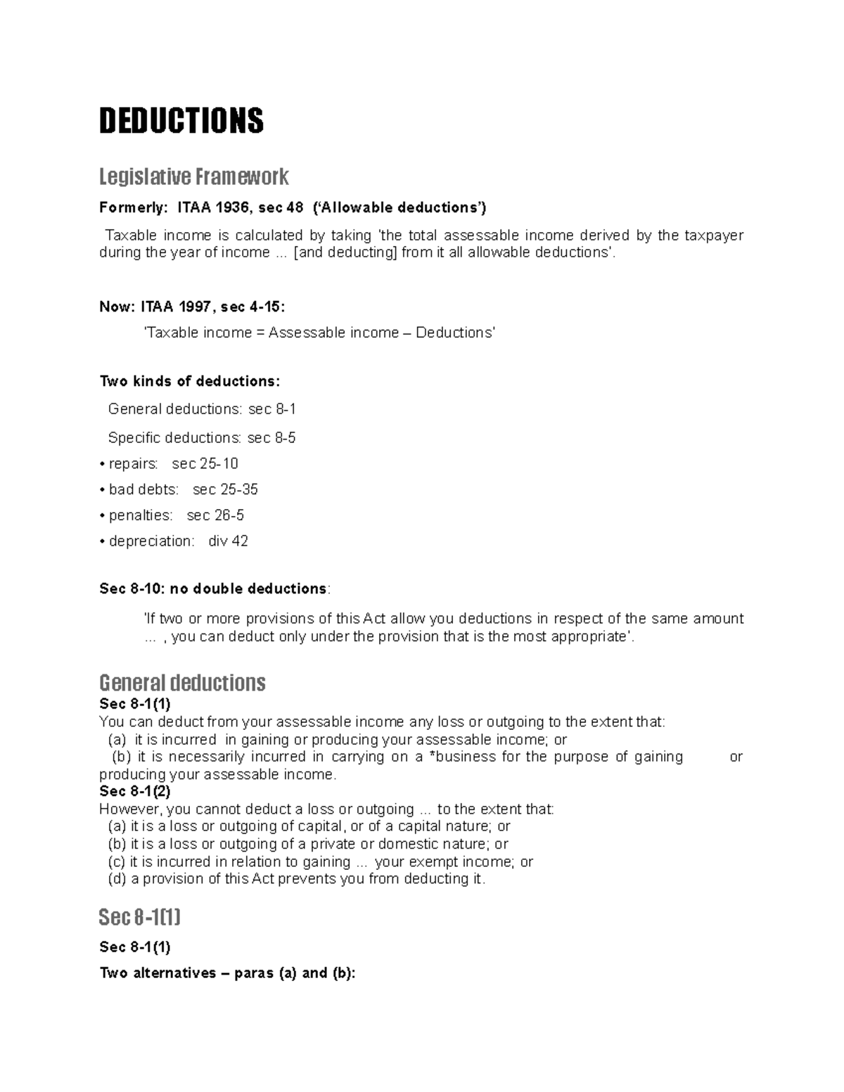 Deductions Taxation - DEDUCTIONS Legislative Framework Formerly: ITAA ...
