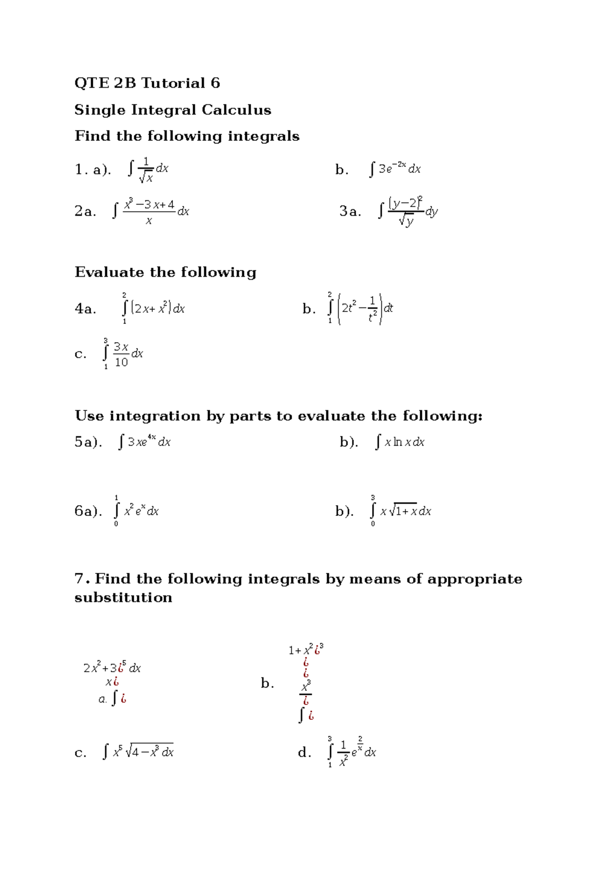 QTE 2B Tutorial 6. Integral calculus - QTE 2B Tutorial 6 Single ...